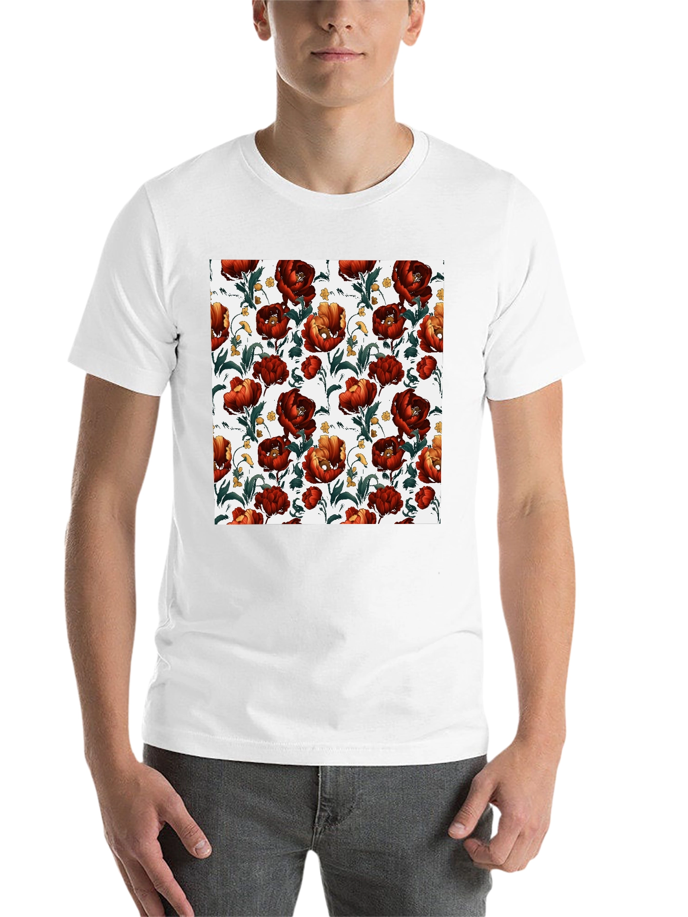 Black Floral Print Crew Neck T-Shirt - Bold Red Blooms view 14