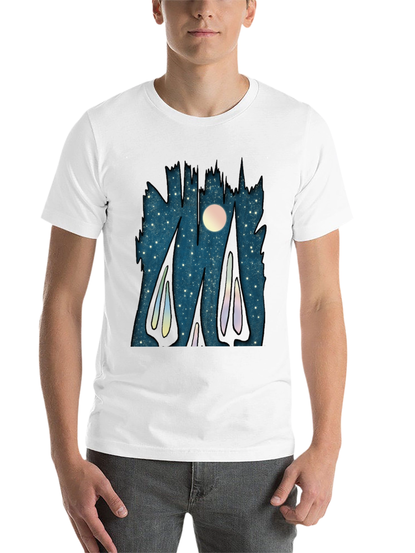 Black Starry Night Forest Graphic T-Shirt view 14