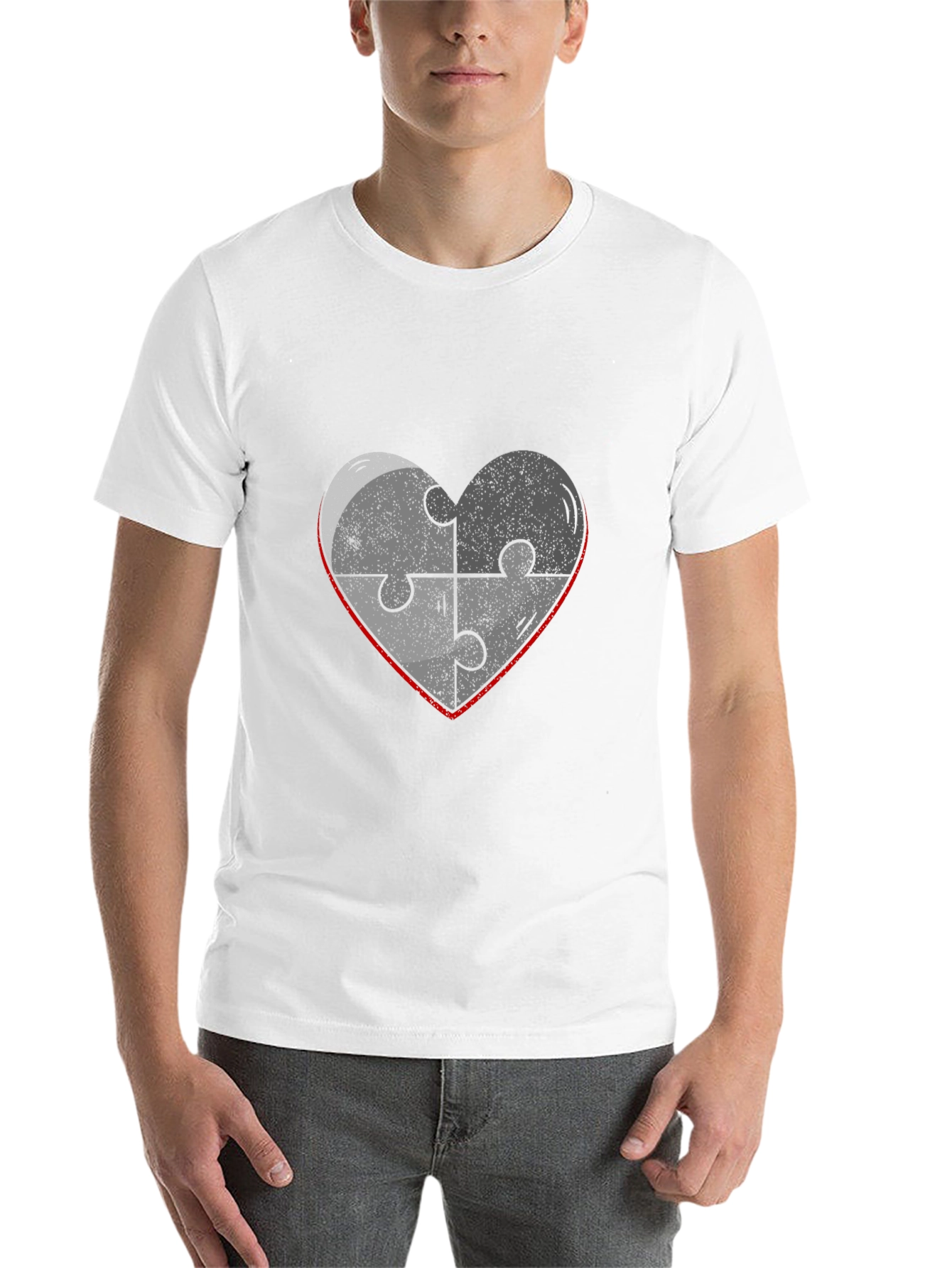 Black Heart Puzzle Piece Graphic Tee - Black Cotton Casual T-Shirt view 14