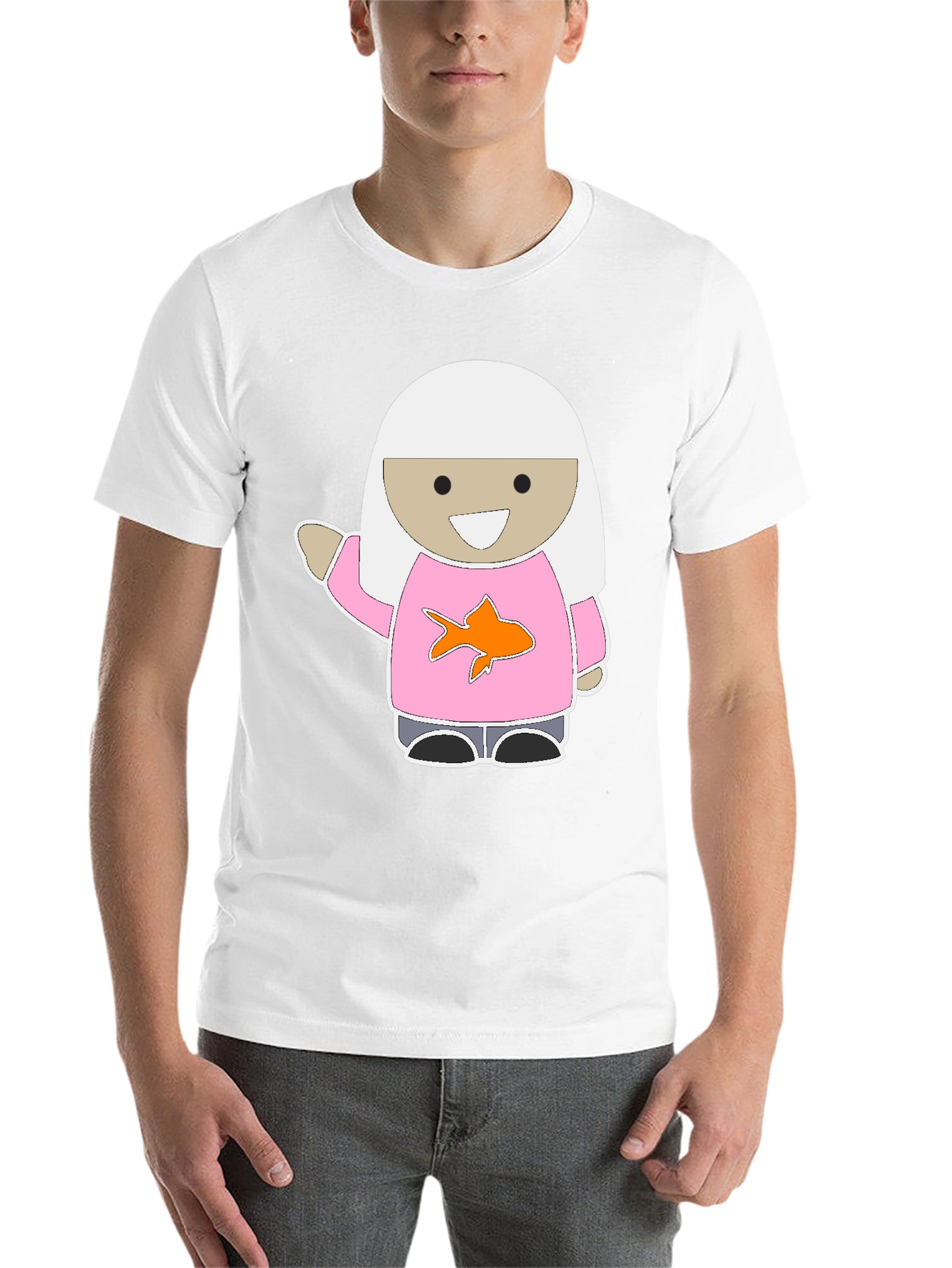 Black Cute Cartoon Girl Pink Fish T-Shirt view 14