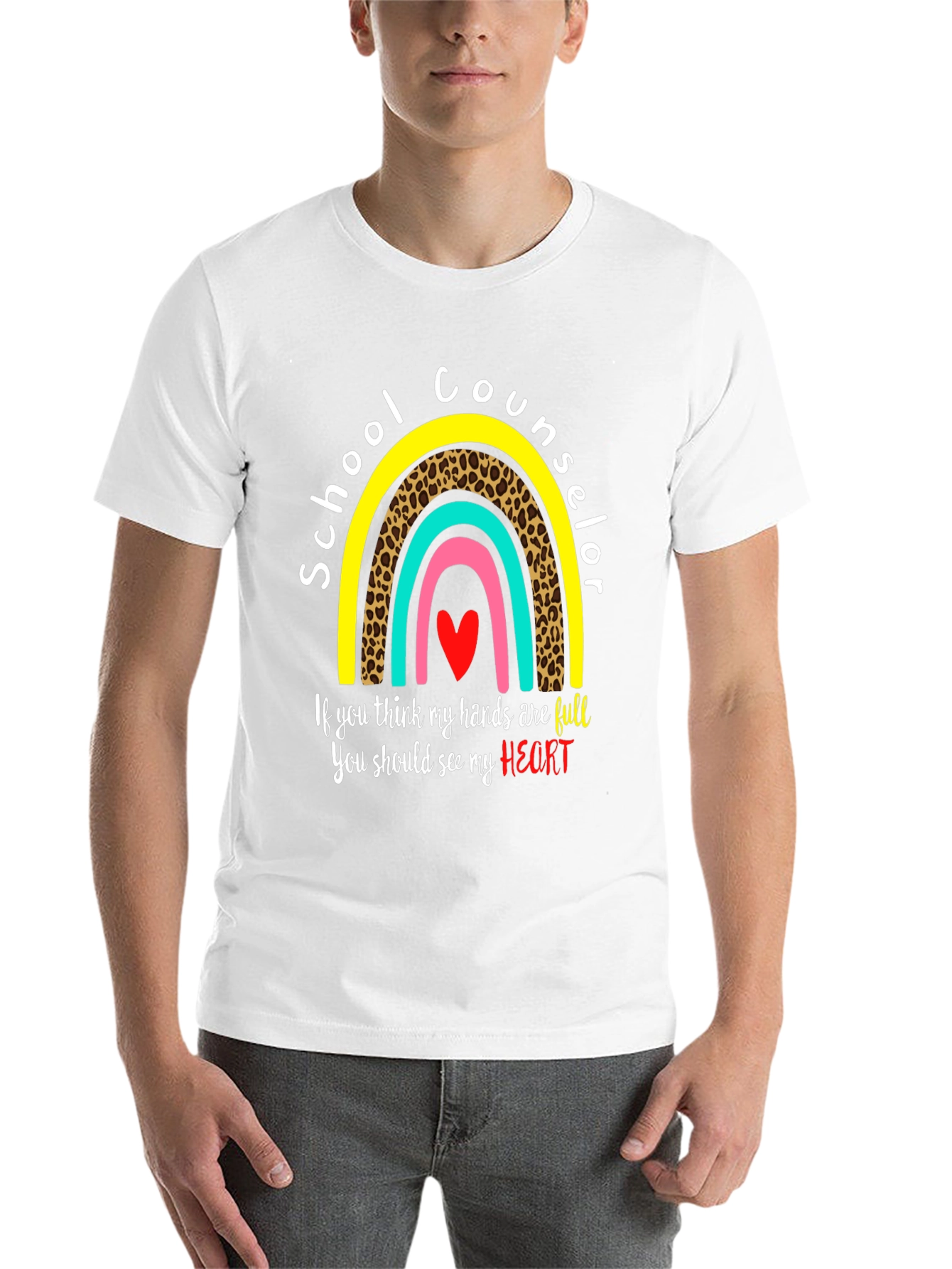 School Counselor T-Shirt: Full Heart, Rainbow Design - 14