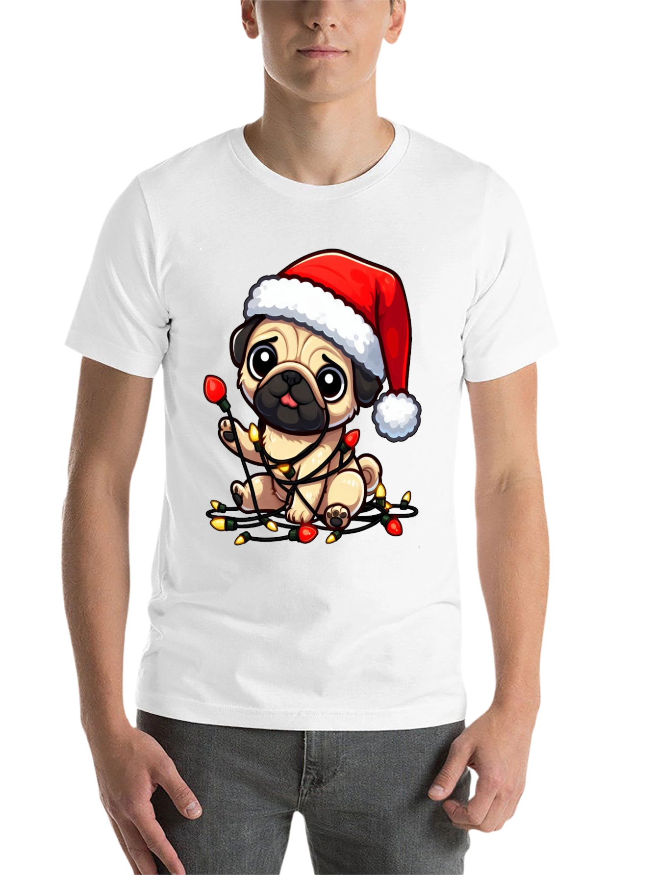 Black Festive Pug Christmas Lights Graphic Tee view 14