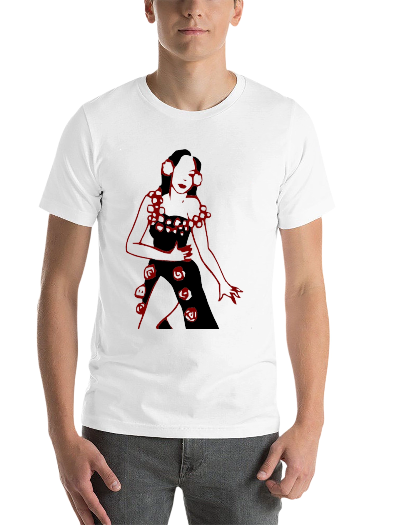 Black Unique Black T-Shirt with Red Rose Lady Design view 14