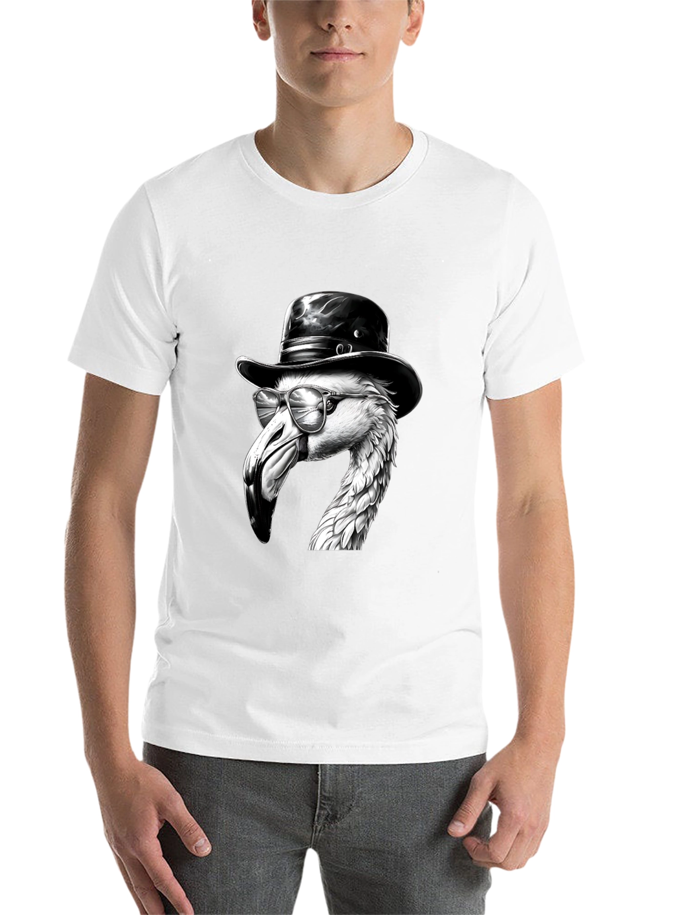Black Flamingo Fedora Tee - Cool Bird Graphic T-Shirt view 14