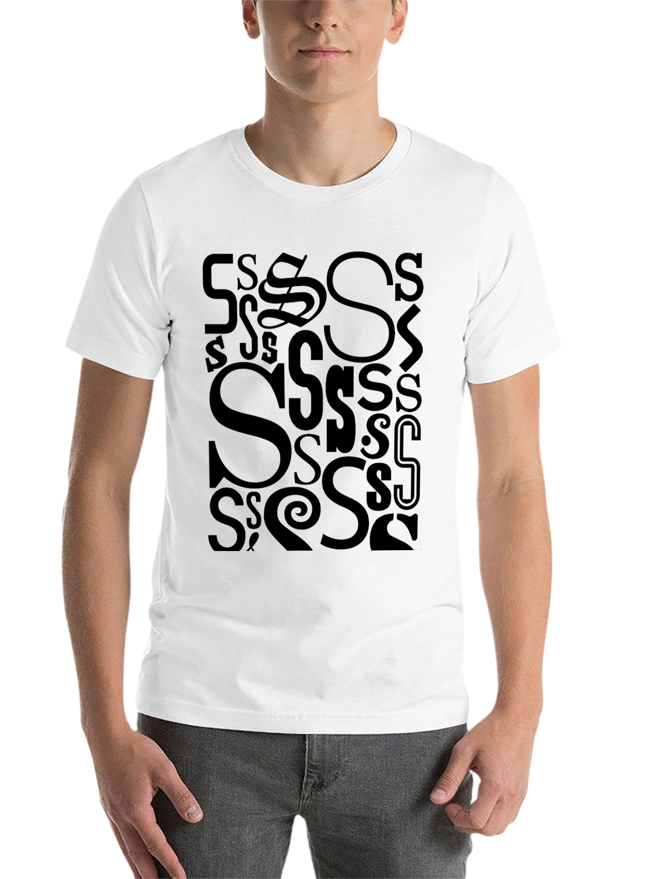 Black S Letter Print T-Shirt - Casual Cotton Tee view 14