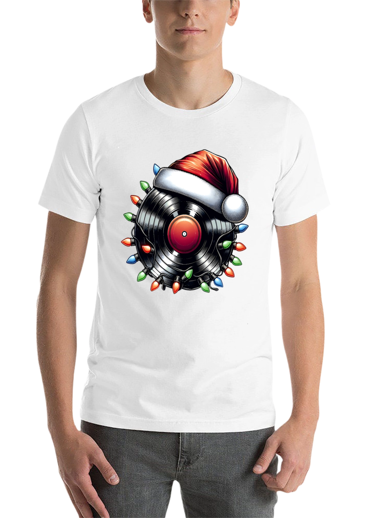 Black Festive Vinyl Record Santa Hat T-Shirt view 14