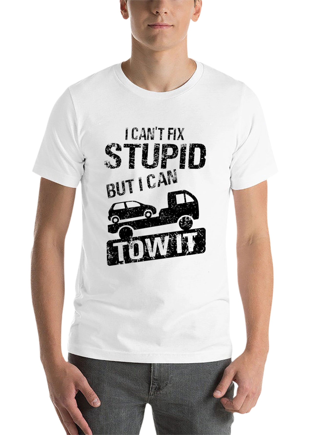 Black Funny "I Can't Fix Stupid" Tow Truck T-Shirt view 14