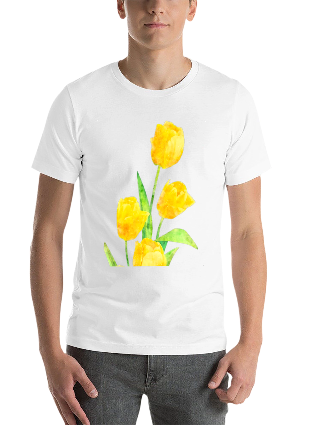 Black Men's Black T-Shirt with Yellow Tulip Floral Design view 14