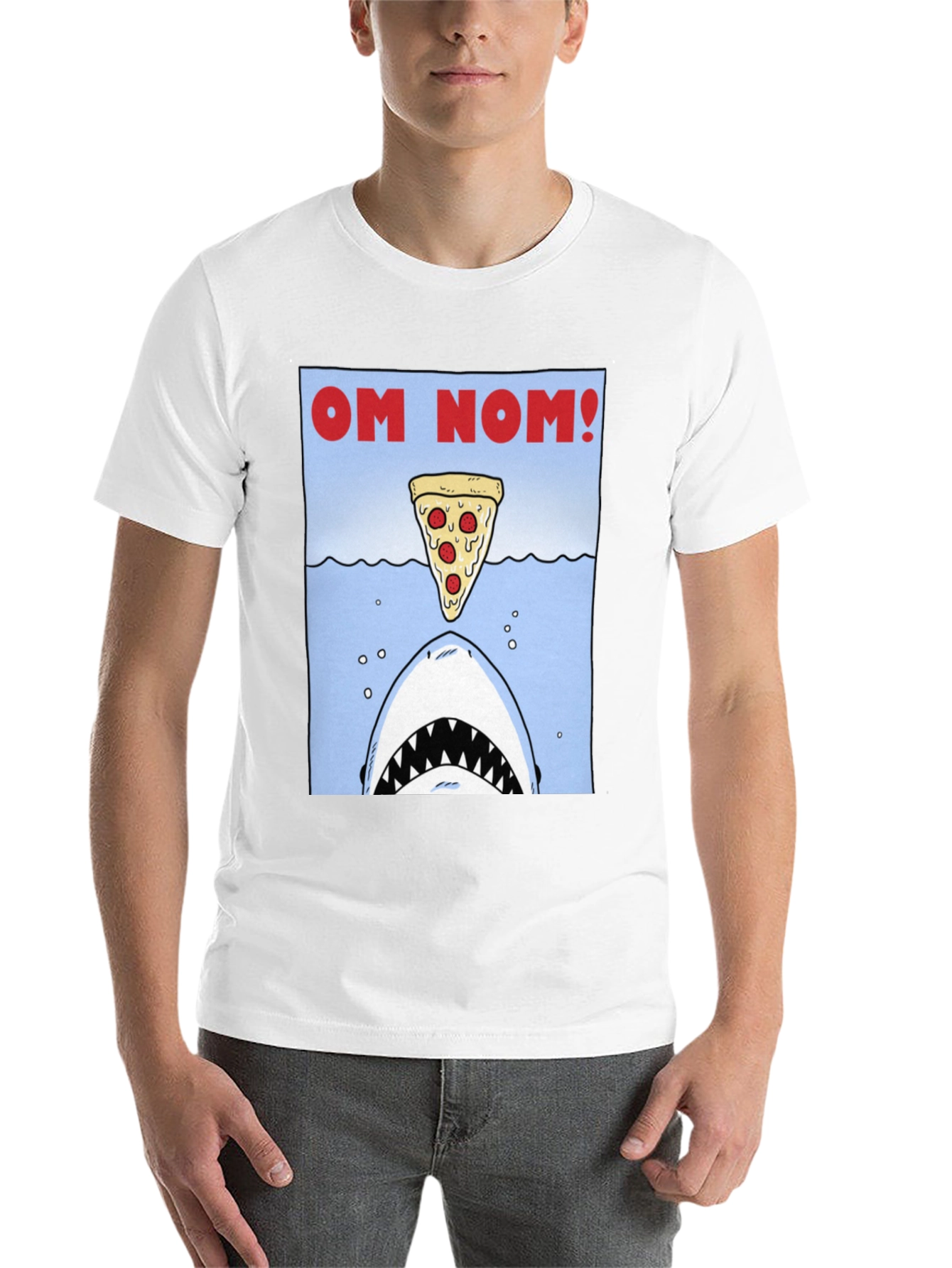 Black Om Nom Pizza Shark T-Shirt - Funny Foodie Tee view 14
