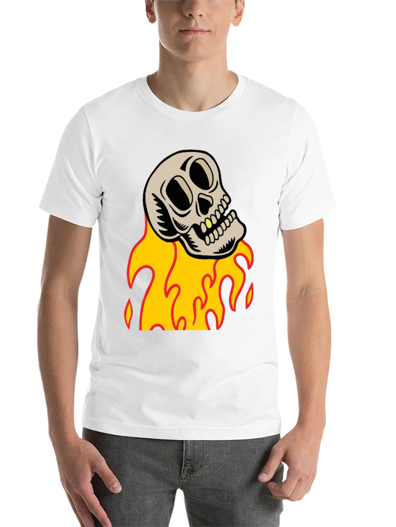 Black Skull on Fire Graphic Tee - Black Cotton T-Shirt view 14