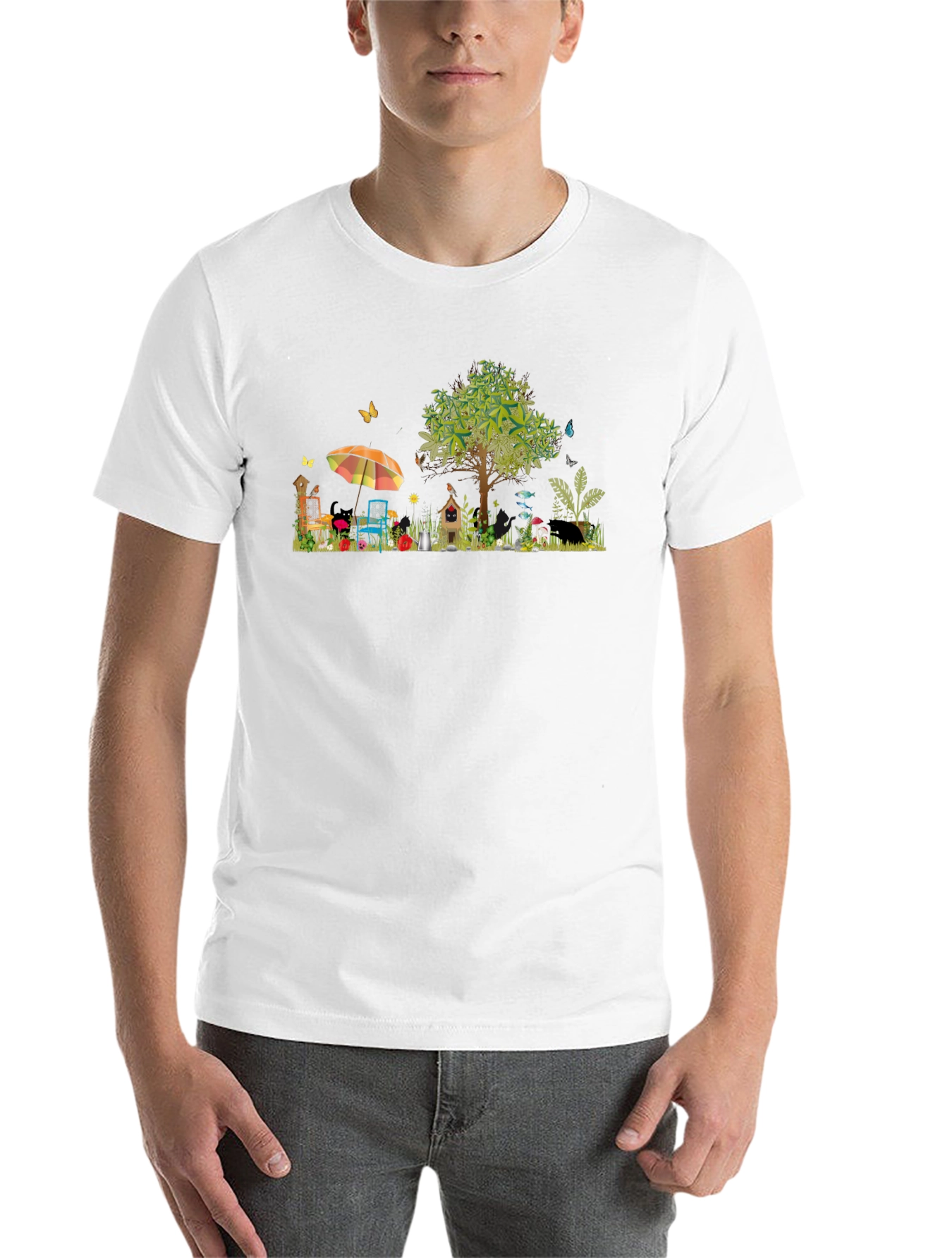 Black Whimsical Garden Scene Graphic T-Shirt view 14