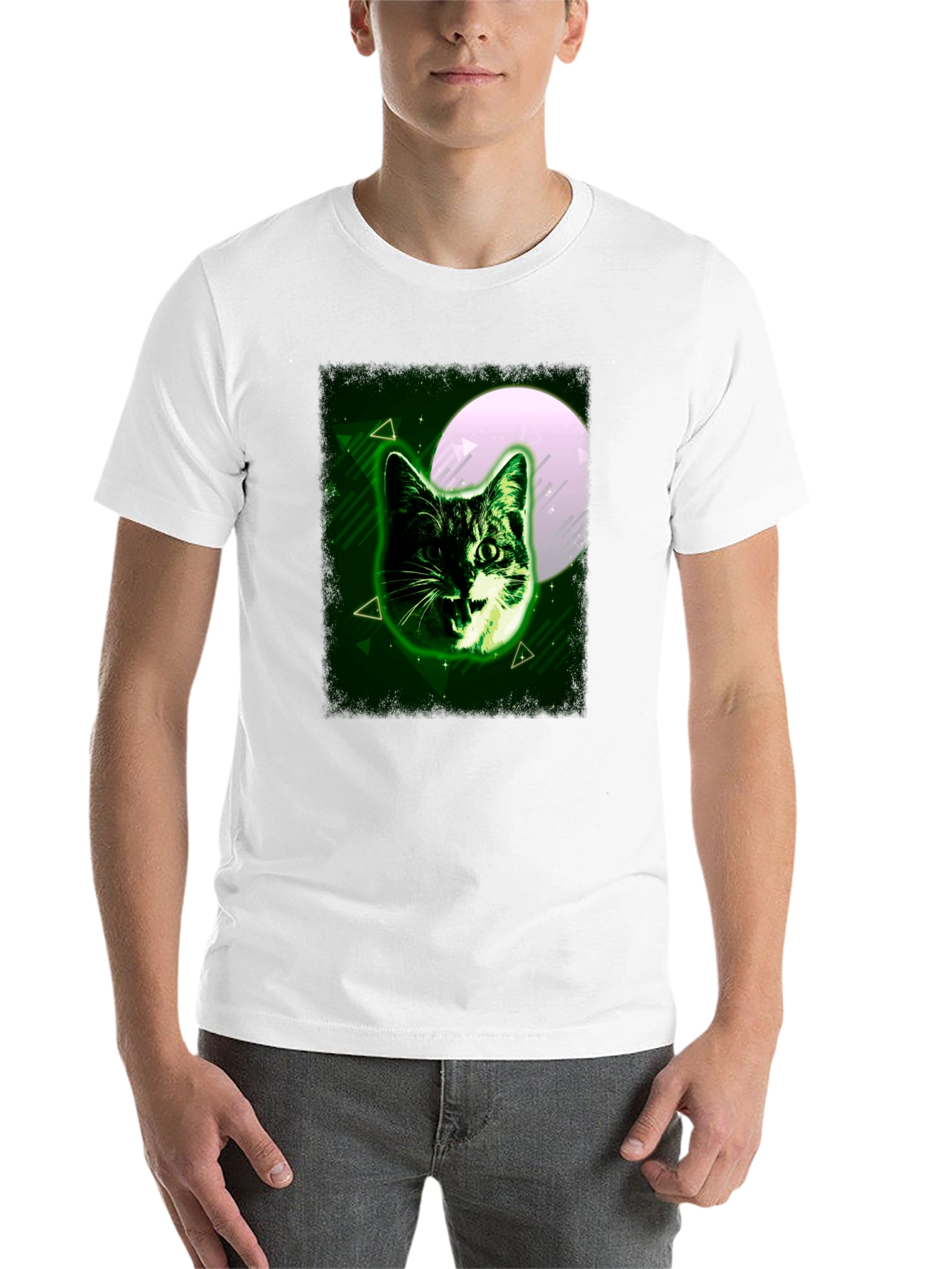 Black Green Cat Graphic Tee - Moonlit Feline Design view 14