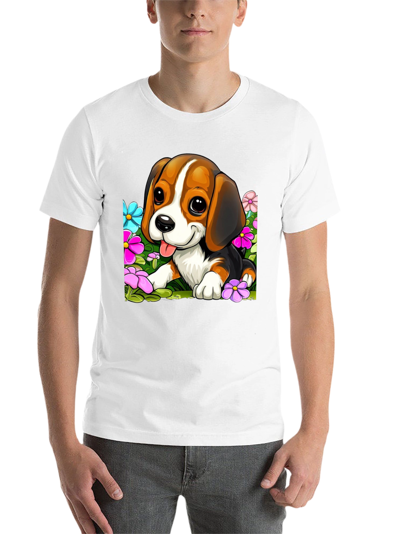 Black Cute Beagle Puppy in Flowers Black T-Shirt view 14