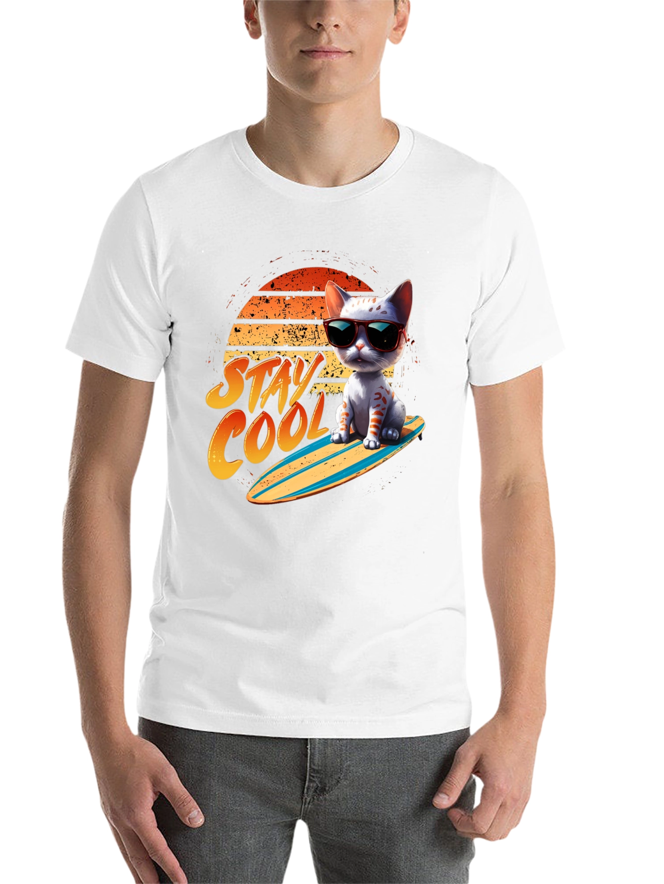 Black Cool Cat Surfboard T-Shirt view 14
