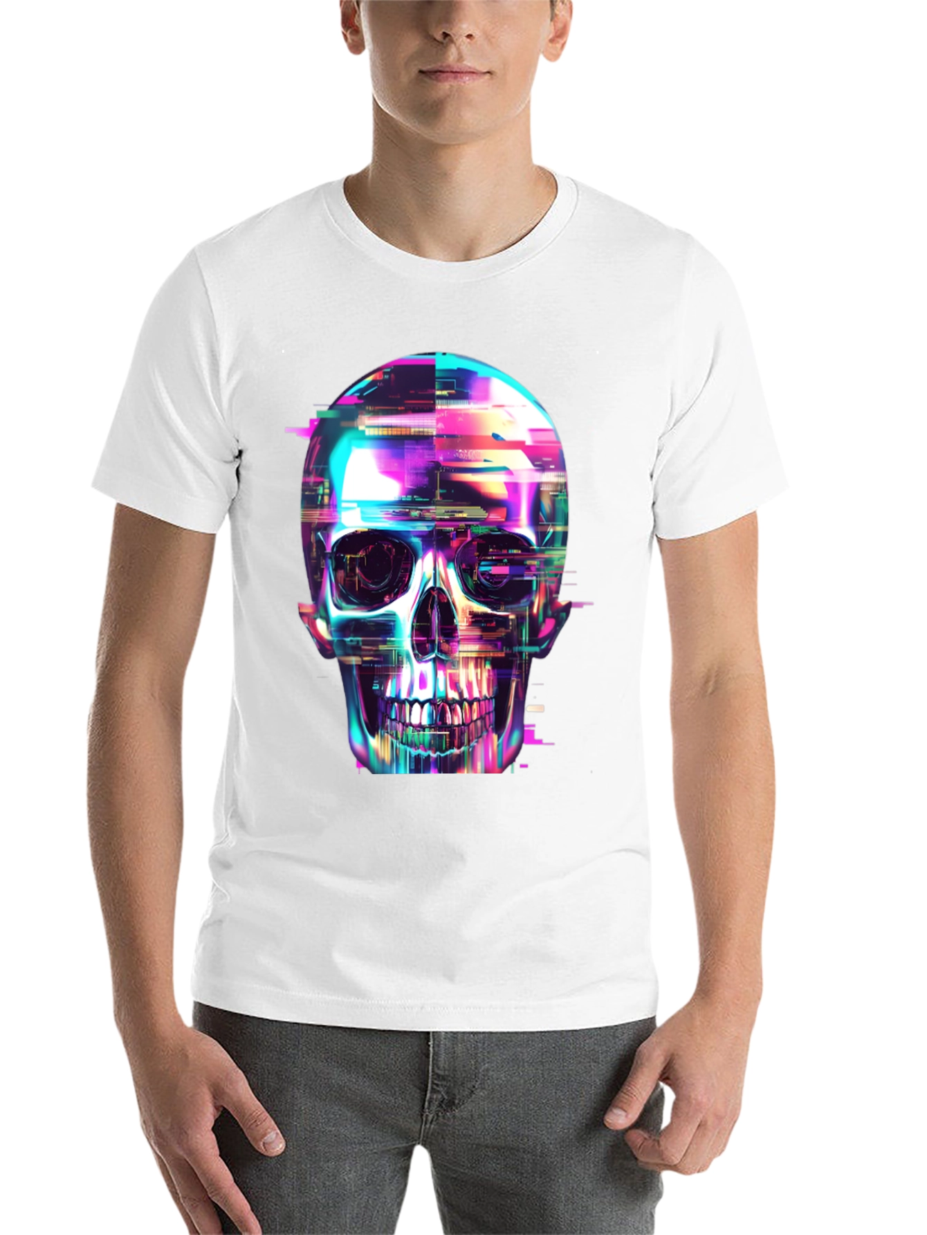 Black Cyberpunk Skull Graphic Tee - Black Cotton T-Shirt view 14
