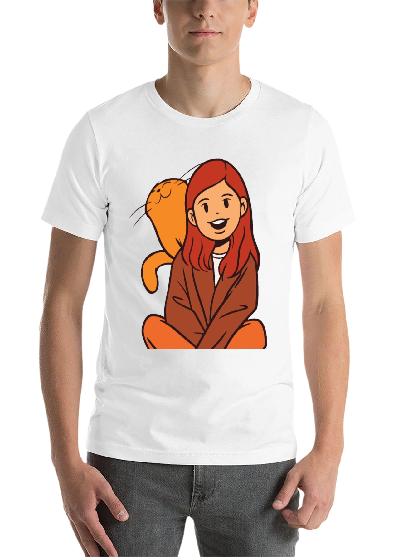 Black Cartoon Girl & Cat Graphic Black T-Shirt view 14