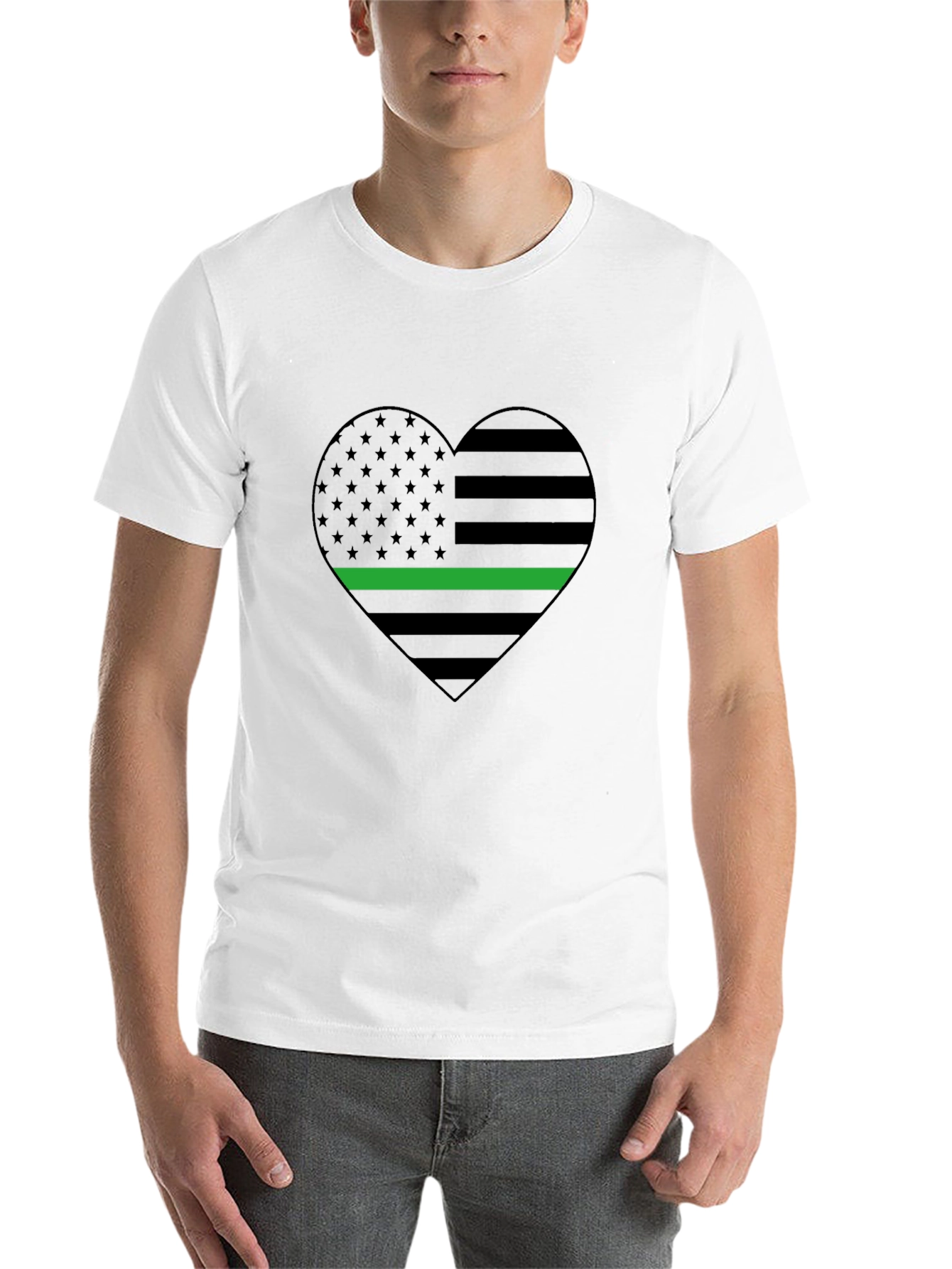 Black Thin Green Line Heart Flag T-Shirt - Support Military view 14
