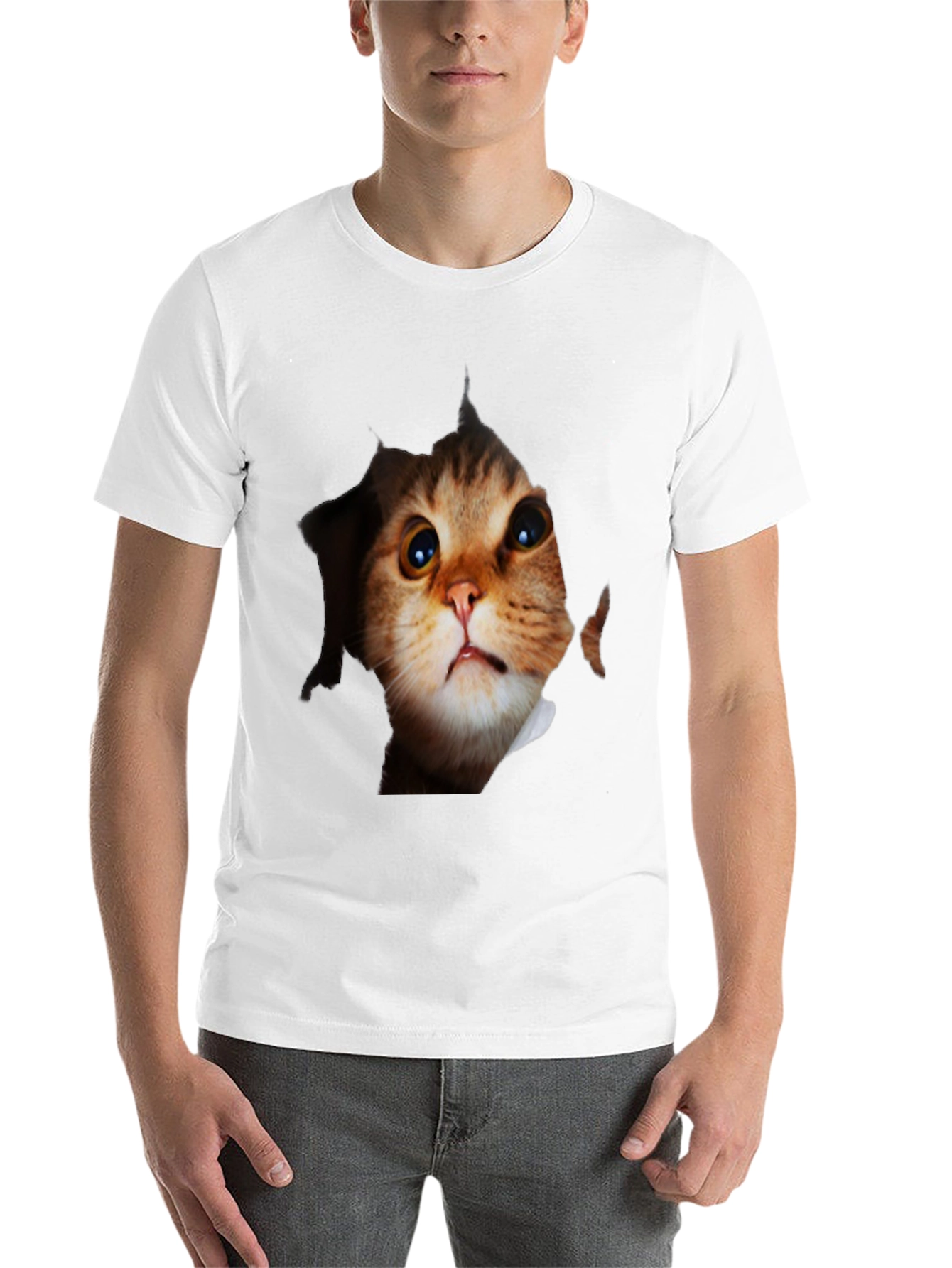 Black 3D Cat Peeking Out Black T-Shirt view 14