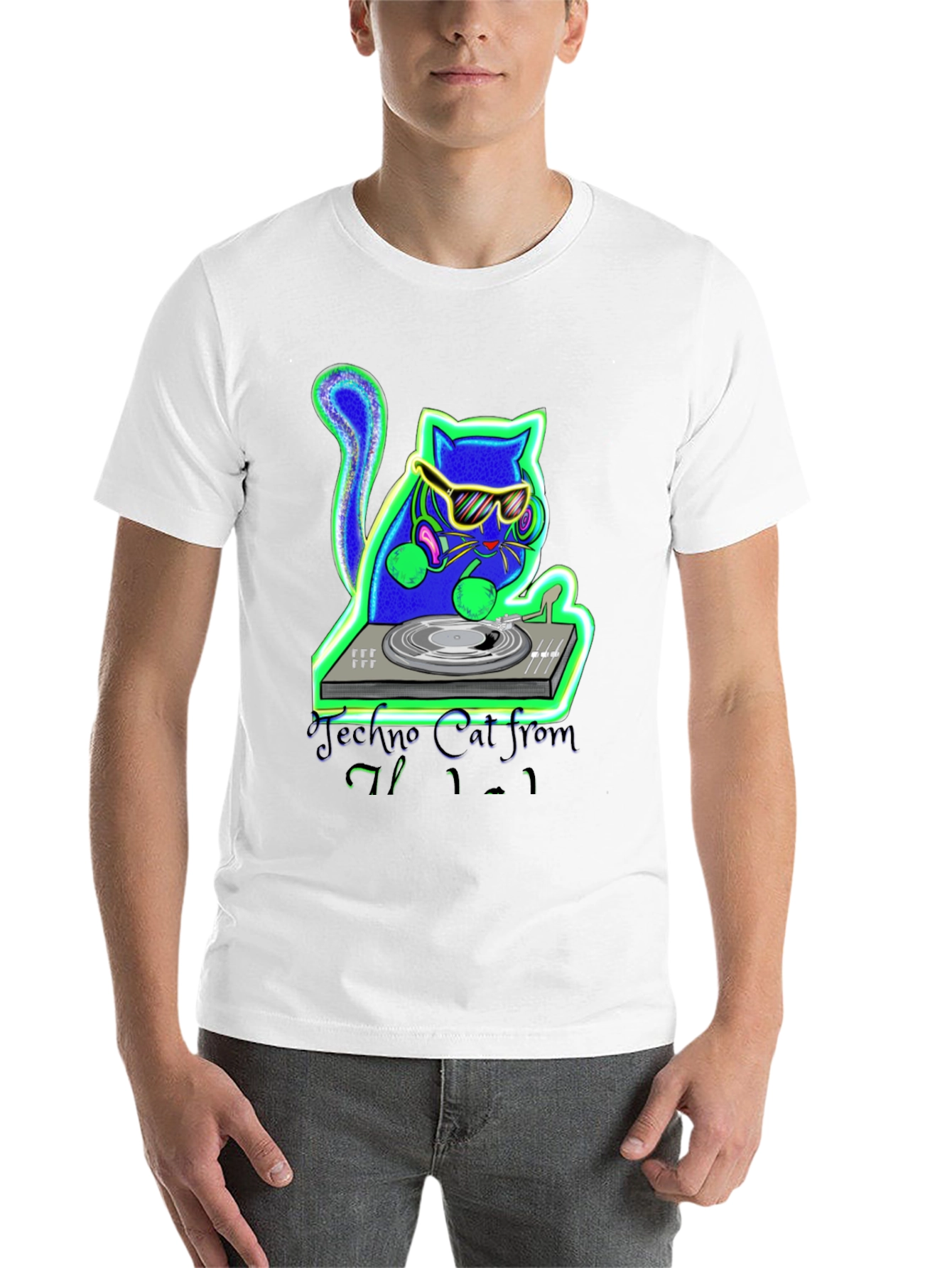 Black Techno Cat DJ Graphic T-Shirt view 14