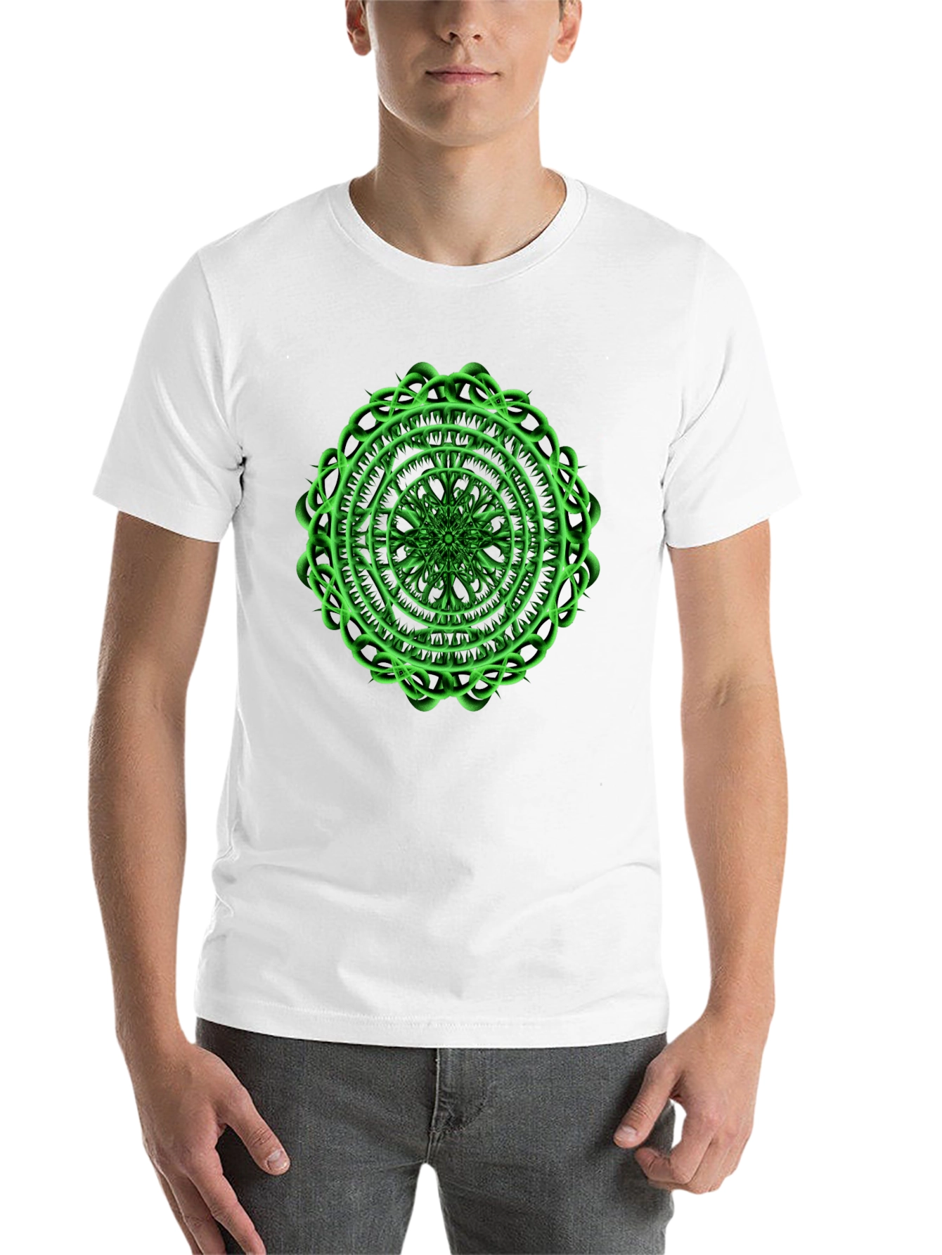 Black Men's Black T-Shirt with Green Mandala Design view 14