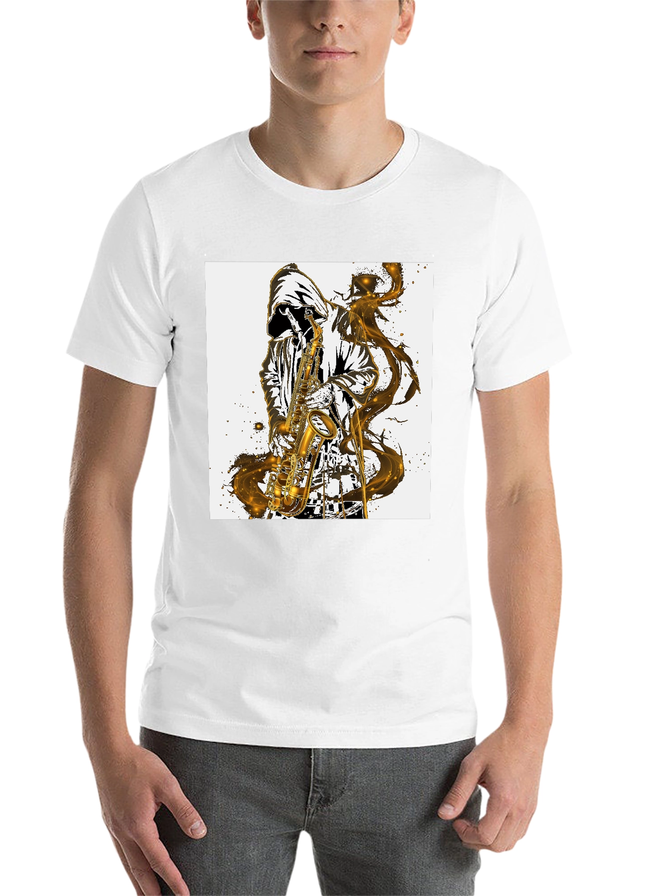 Black Saxophone Player Graphic T-Shirt - Cool Musician Tee view 14
