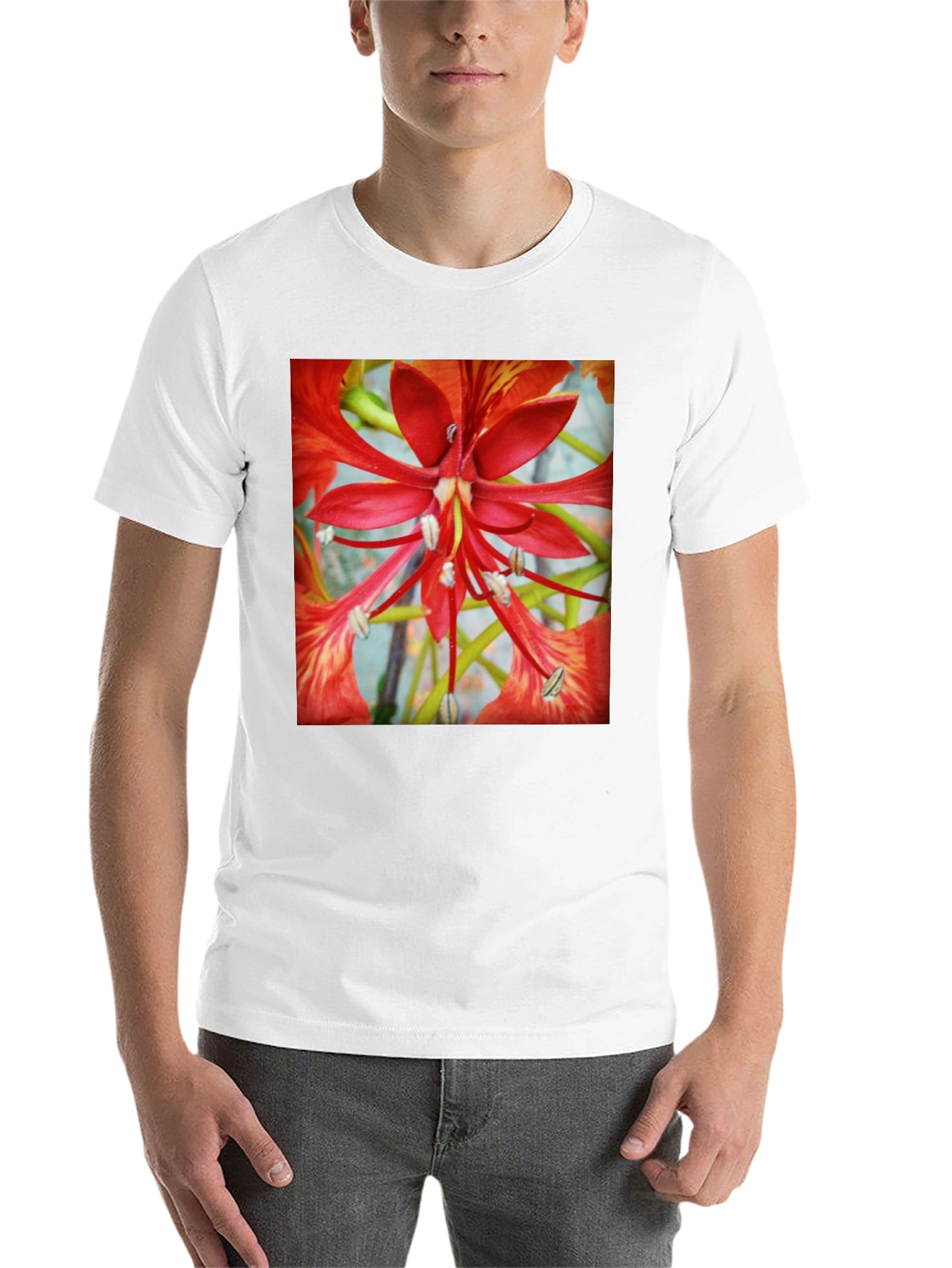 Black Bold Floral T-Shirt - Vivid Red Blossom Design view 14