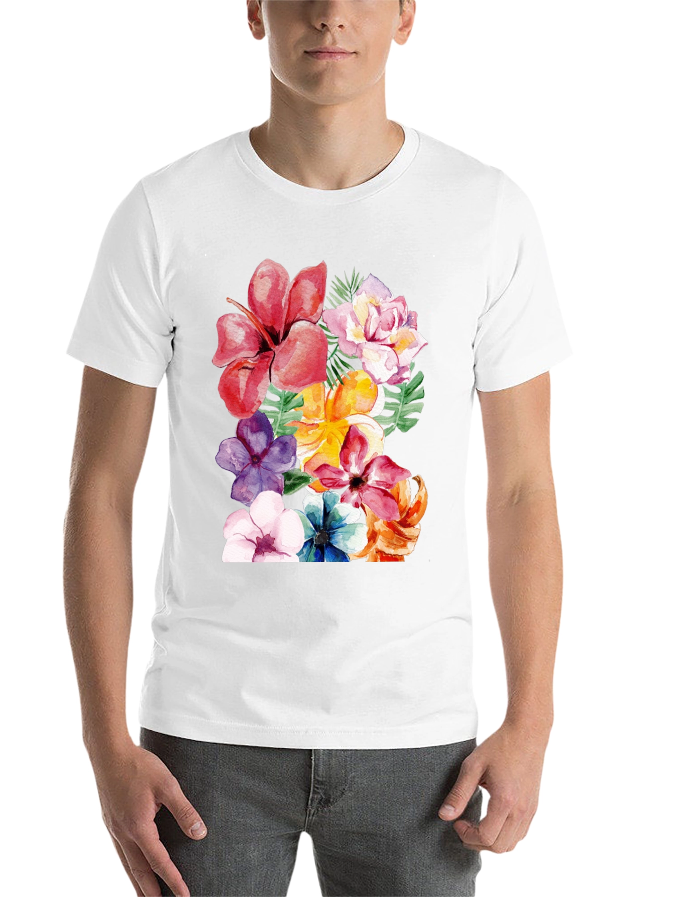 Black Floral Print Black T-Shirt - Tropical Flower Design view 14