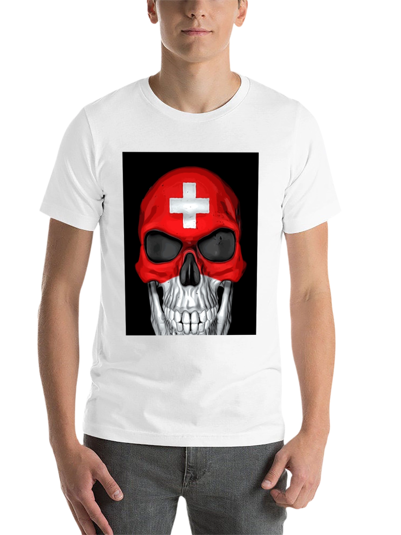 Black Skull Switzerland Flag Graphic Tee - Black Cotton T-Shirt view 14