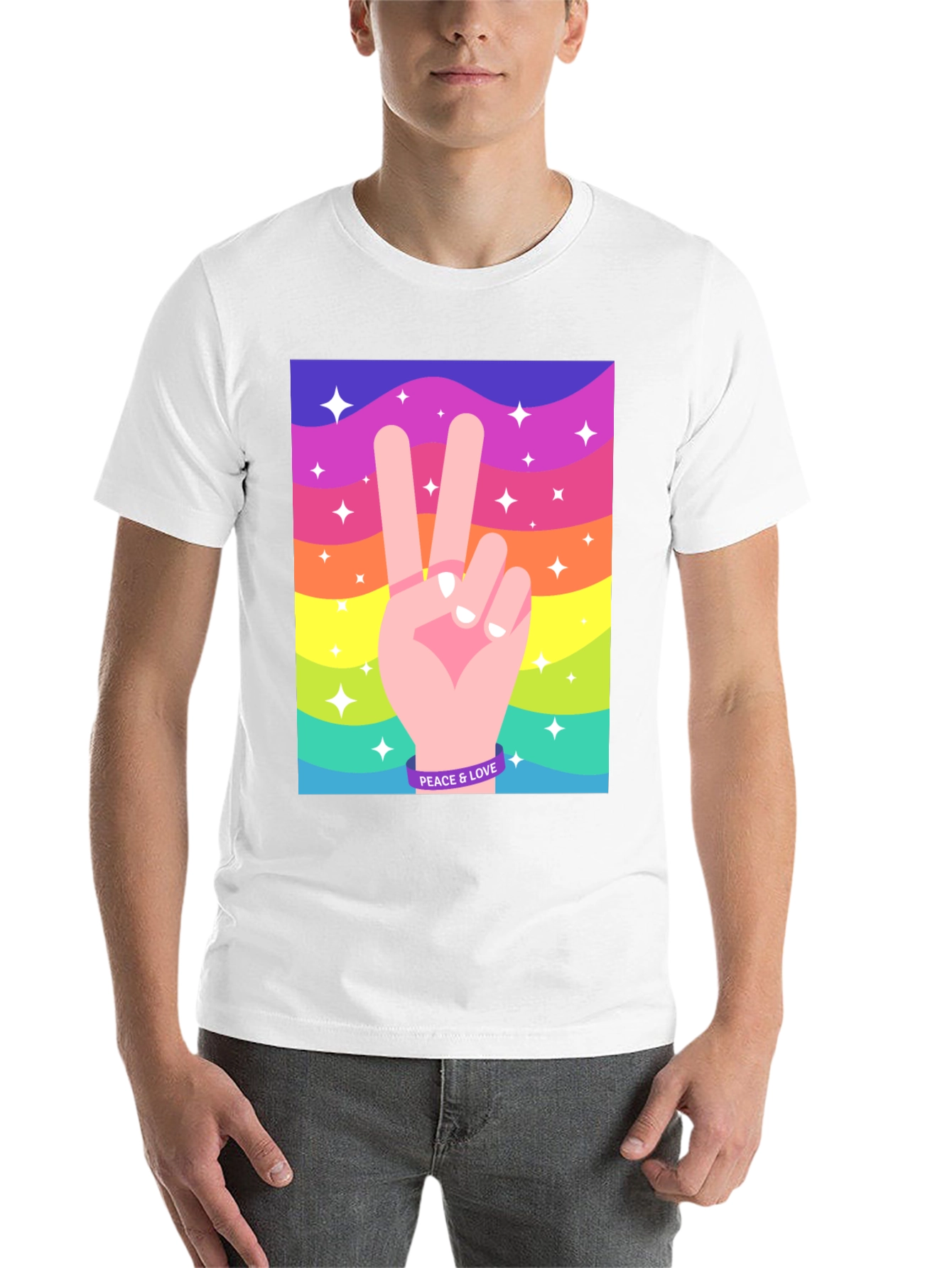 Peace and Love Graphic Tee - Retro Rainbow Design - 14