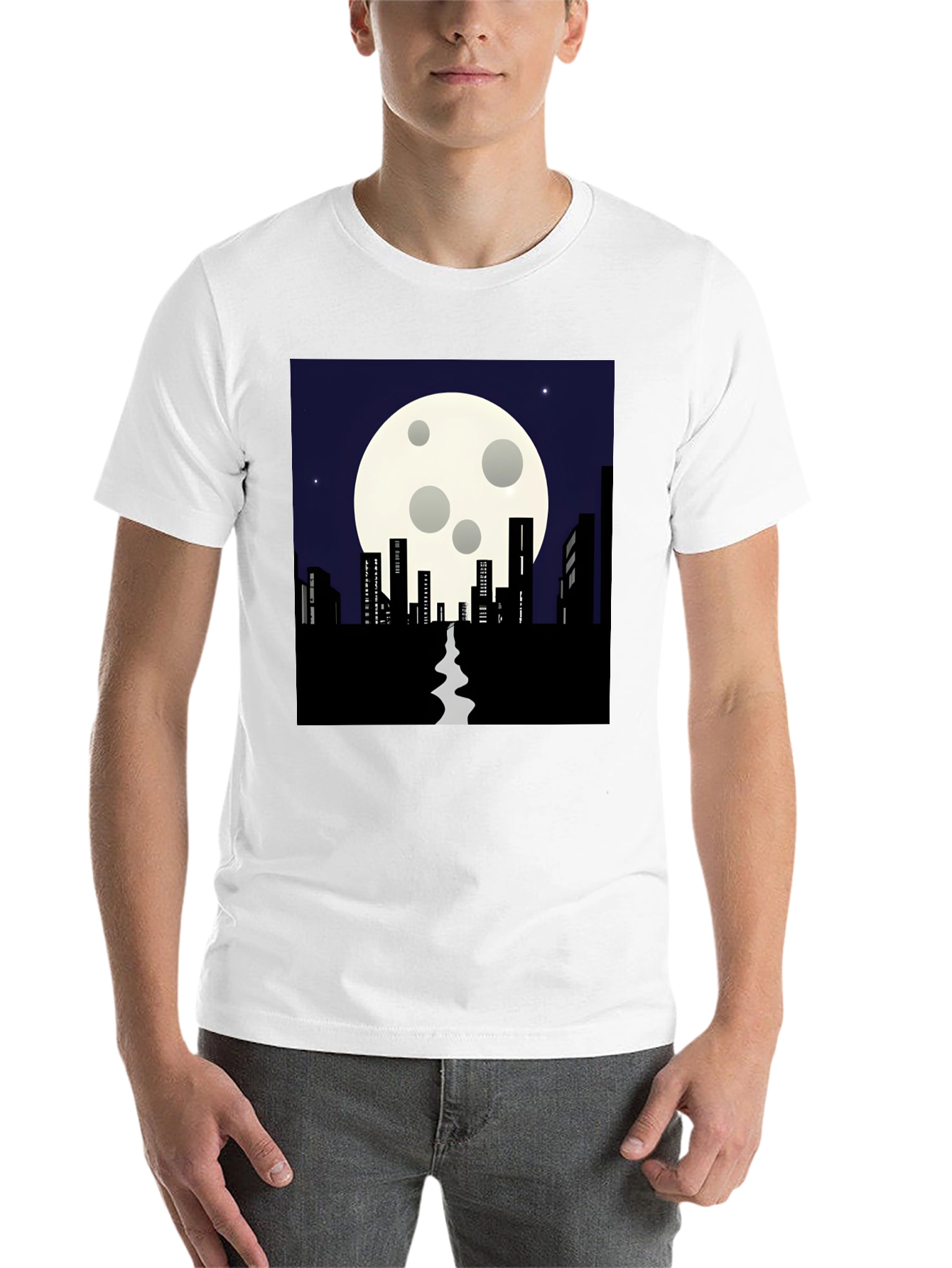 Black Night Cityscape T-Shirt: Moonlit Silhouette Tee view 14