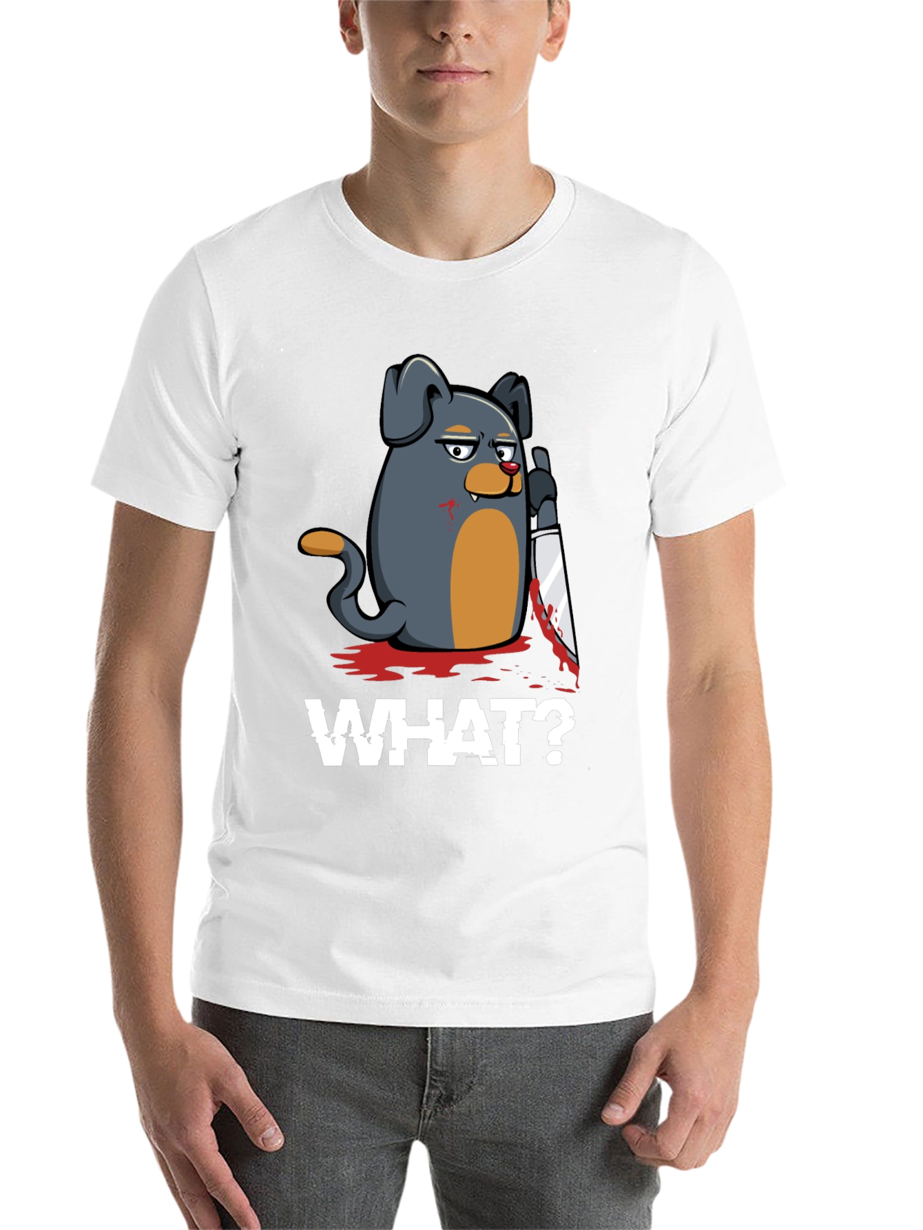 Black Men's 'What?' Dog with Knife Graphic T-Shirt view 14