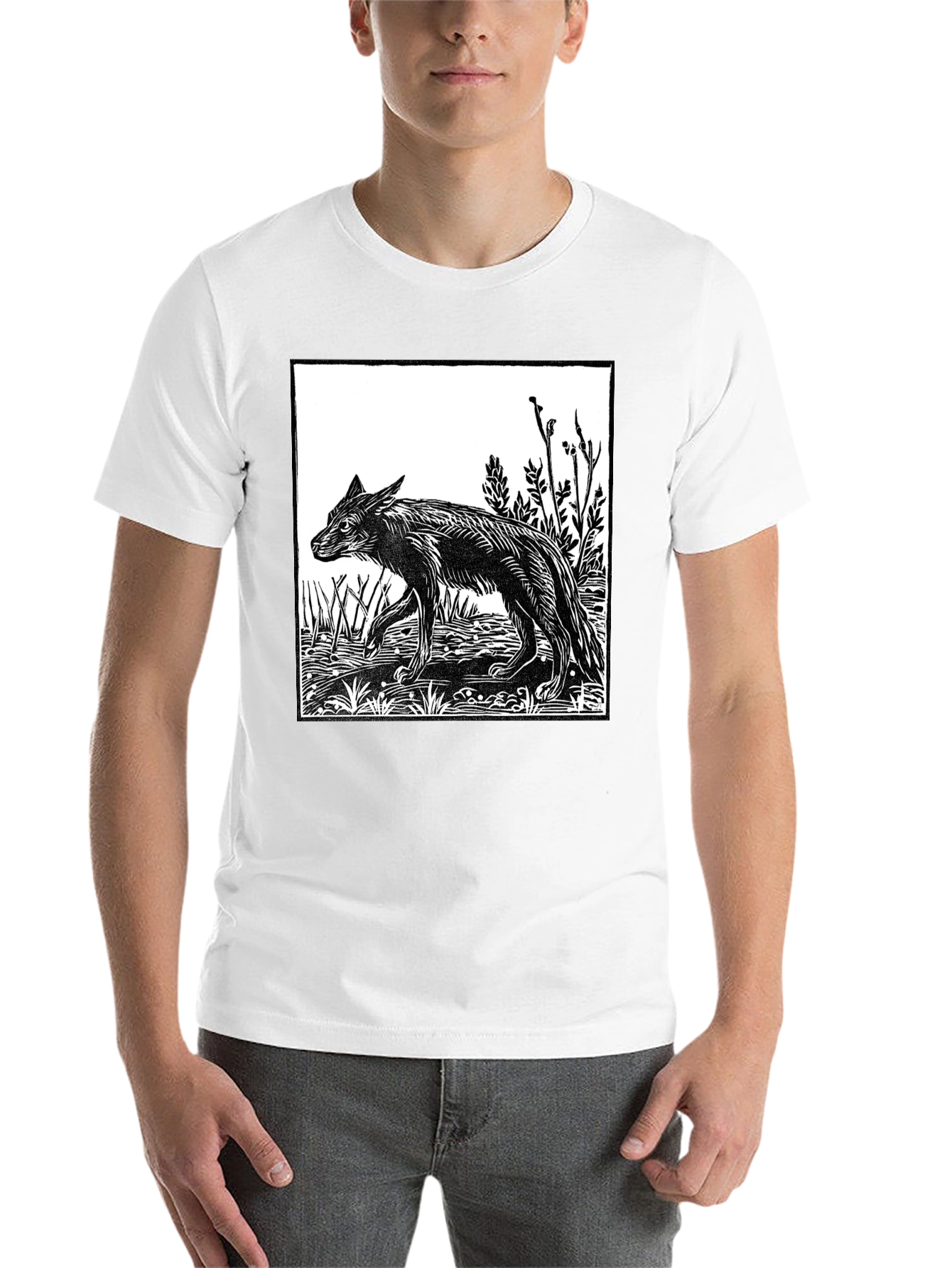 Black Woodcut Wolf Graphic T-Shirt - Black view 14