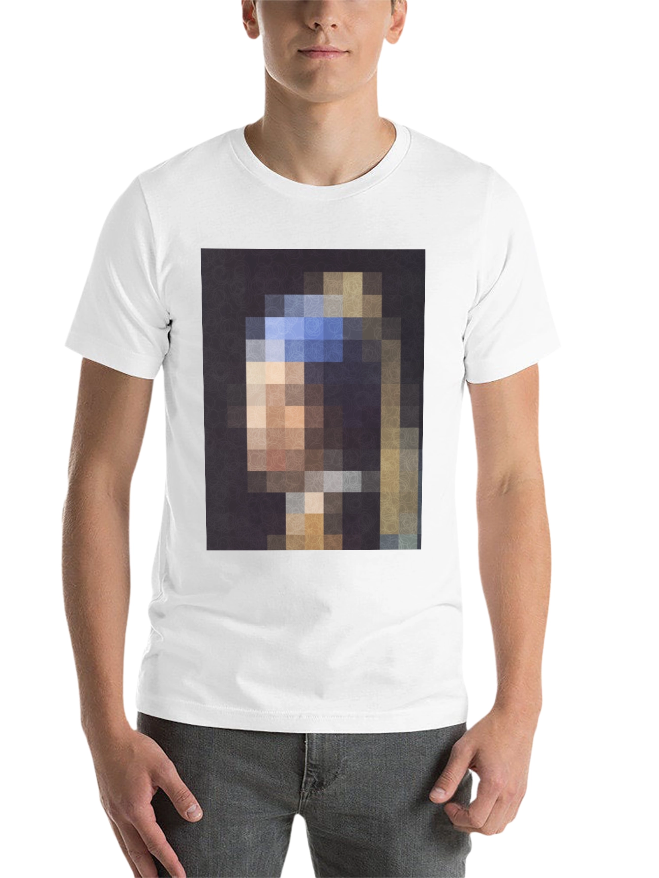 Black Pixelated Girl with a Pearl Earring T-Shirt view 14