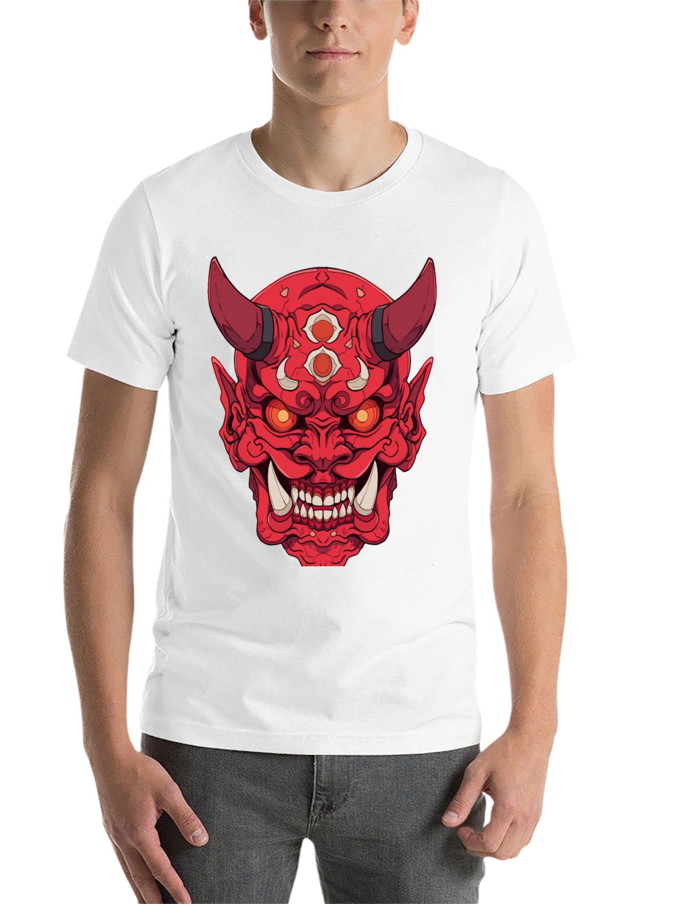 Black Red Oni Demon Graphic Print Black T-Shirt view 14