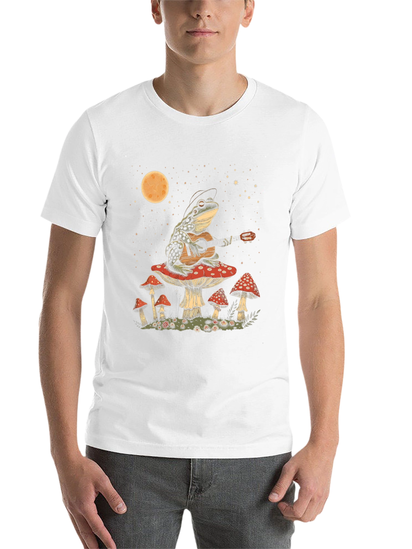 Black Frog Guitarist on Mushroom T-Shirt - Black Cotton Tee view 14