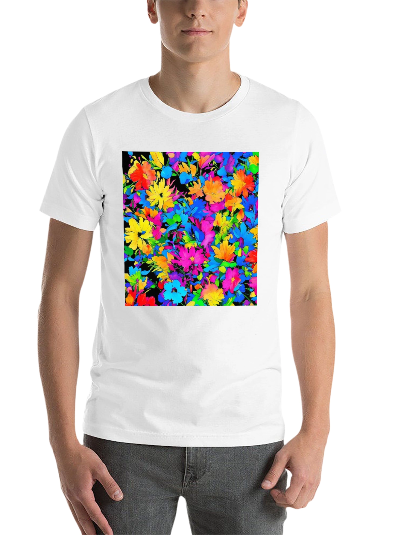 Black Colorful Floral Print Men's Black T-Shirt view 14