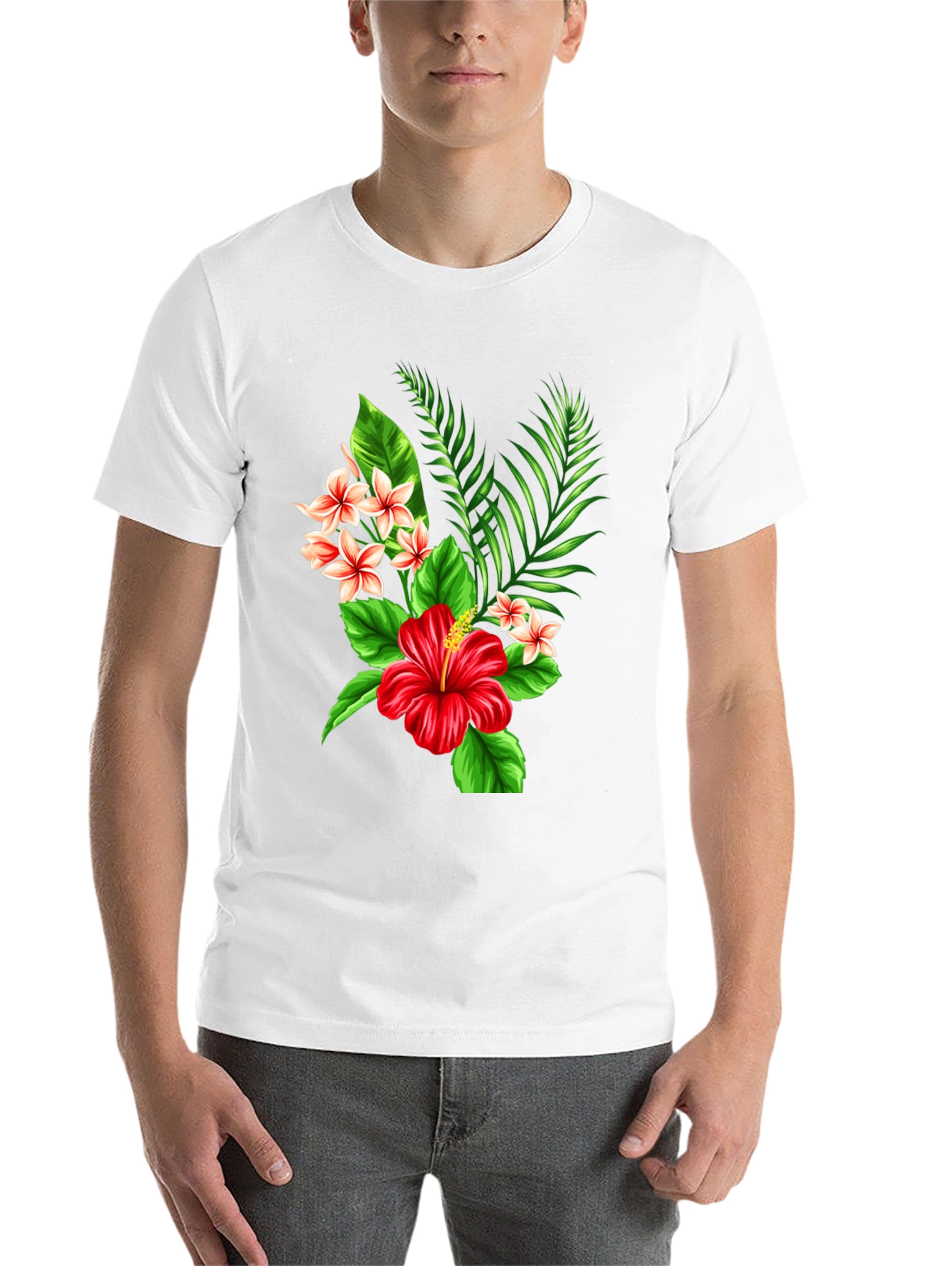 Black Tropical Floral T-Shirt - Red Hibiscus & Plumeria Design view 14