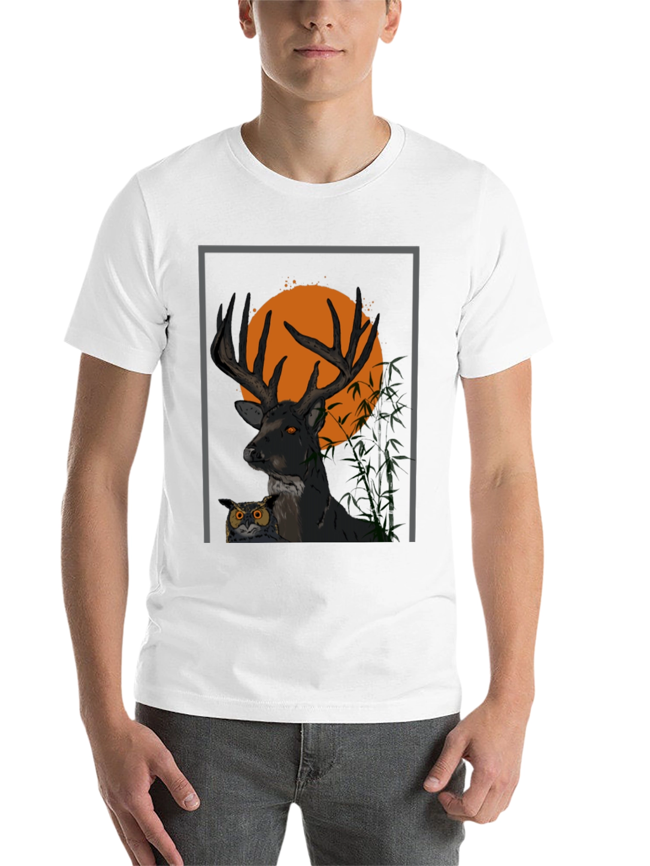 Black Deer & Owl Graphic Tee - Nature Inspired Men's Shirt view 14