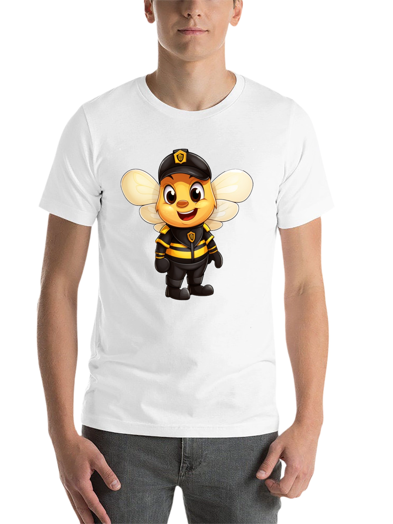 Black Cartoon Bee Police Officer Graphic Tee view 14