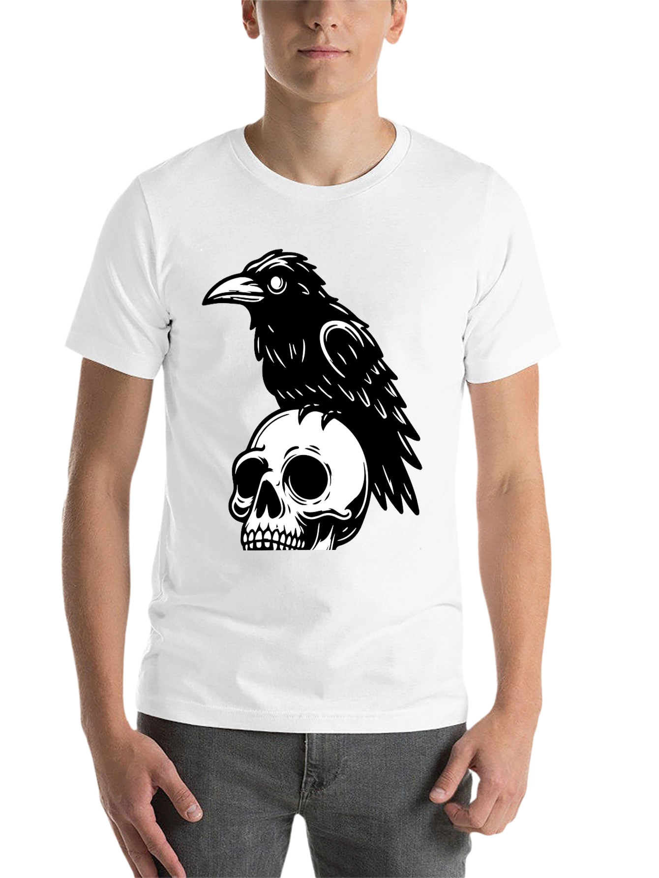 Black Raven on Skull Graphic T-Shirt - Black view 14