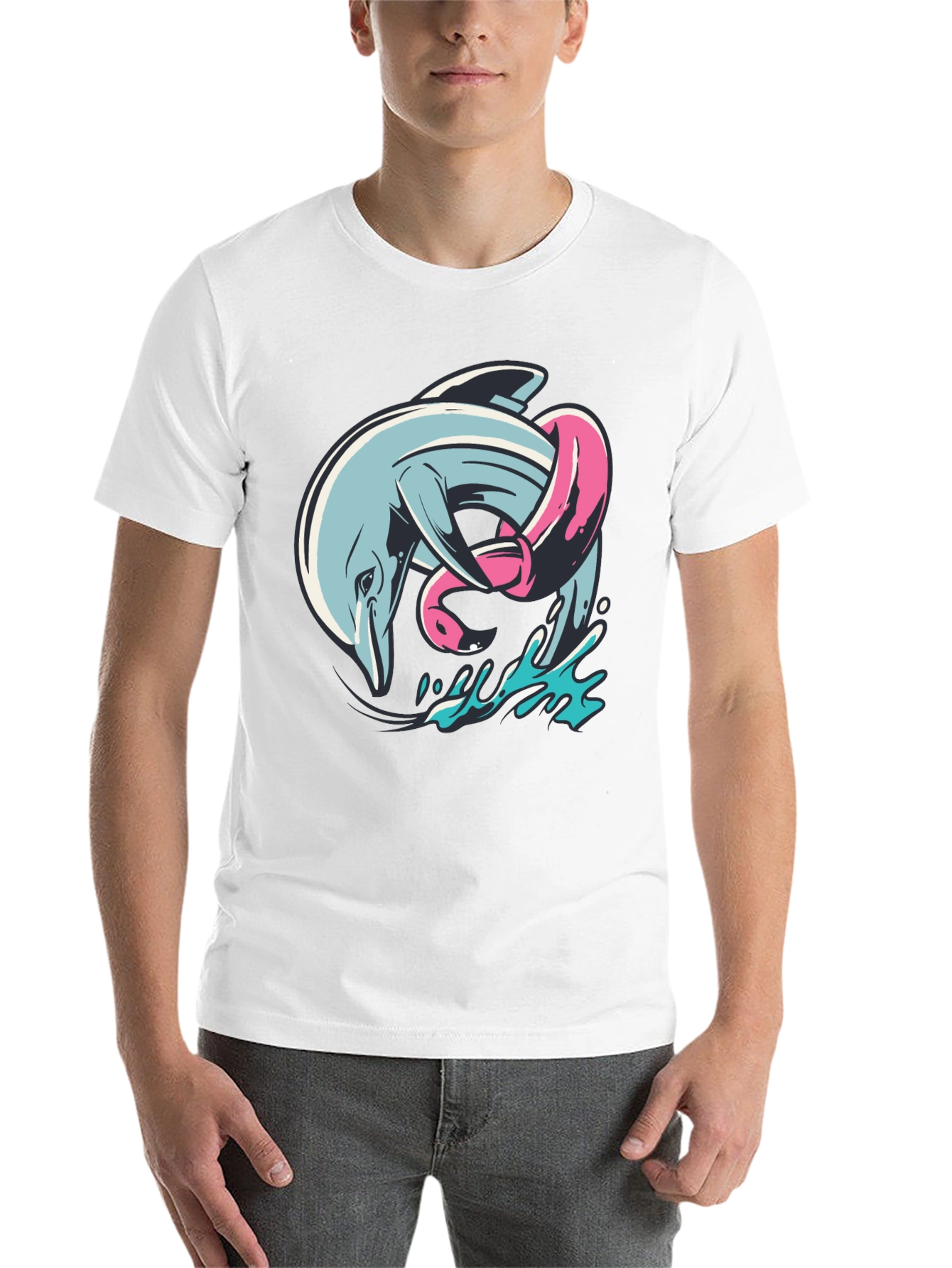 Black Dolphin & Flamingo T-Shirt - Unique Graphic Tee view 14