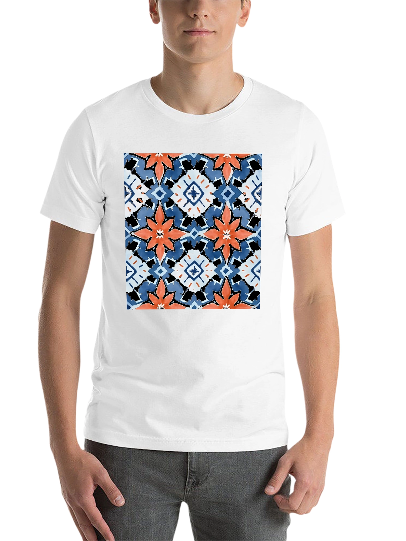 Black Black T-Shirt with Bold Floral Tile Design view 14