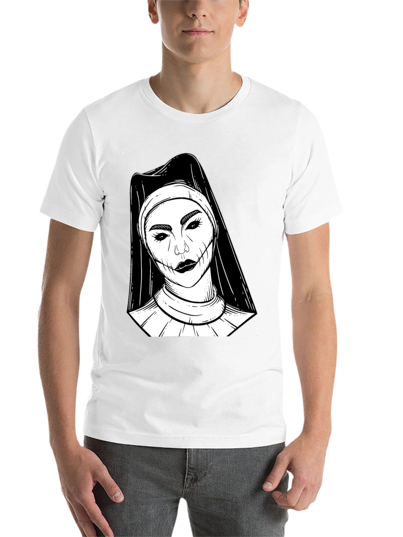 Black Creepy Nun Graphic Tee - Black Cotton Blend Shirt view 14