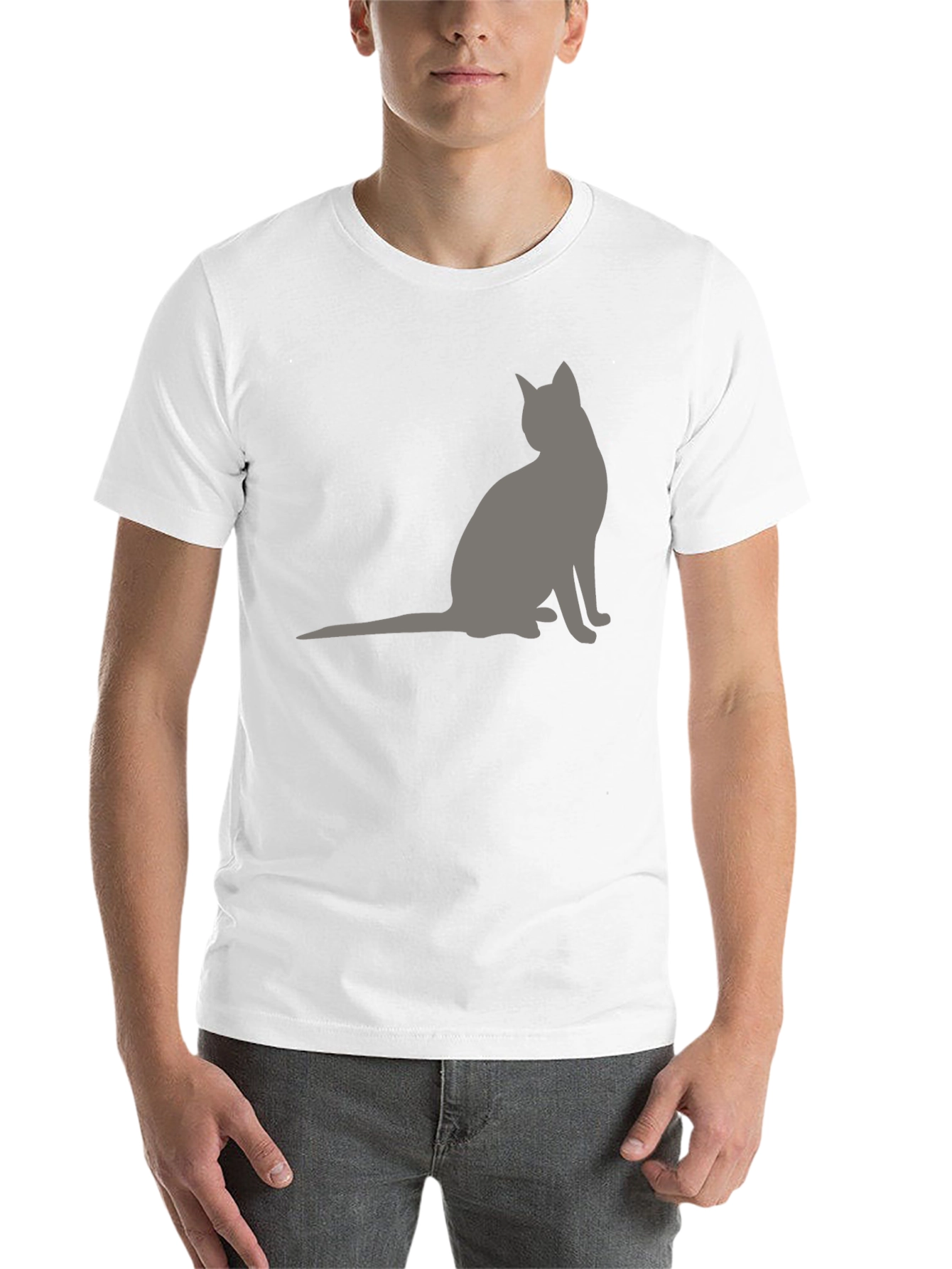 Black Men's Black T-Shirt with Grey Cat Silhouette view 14