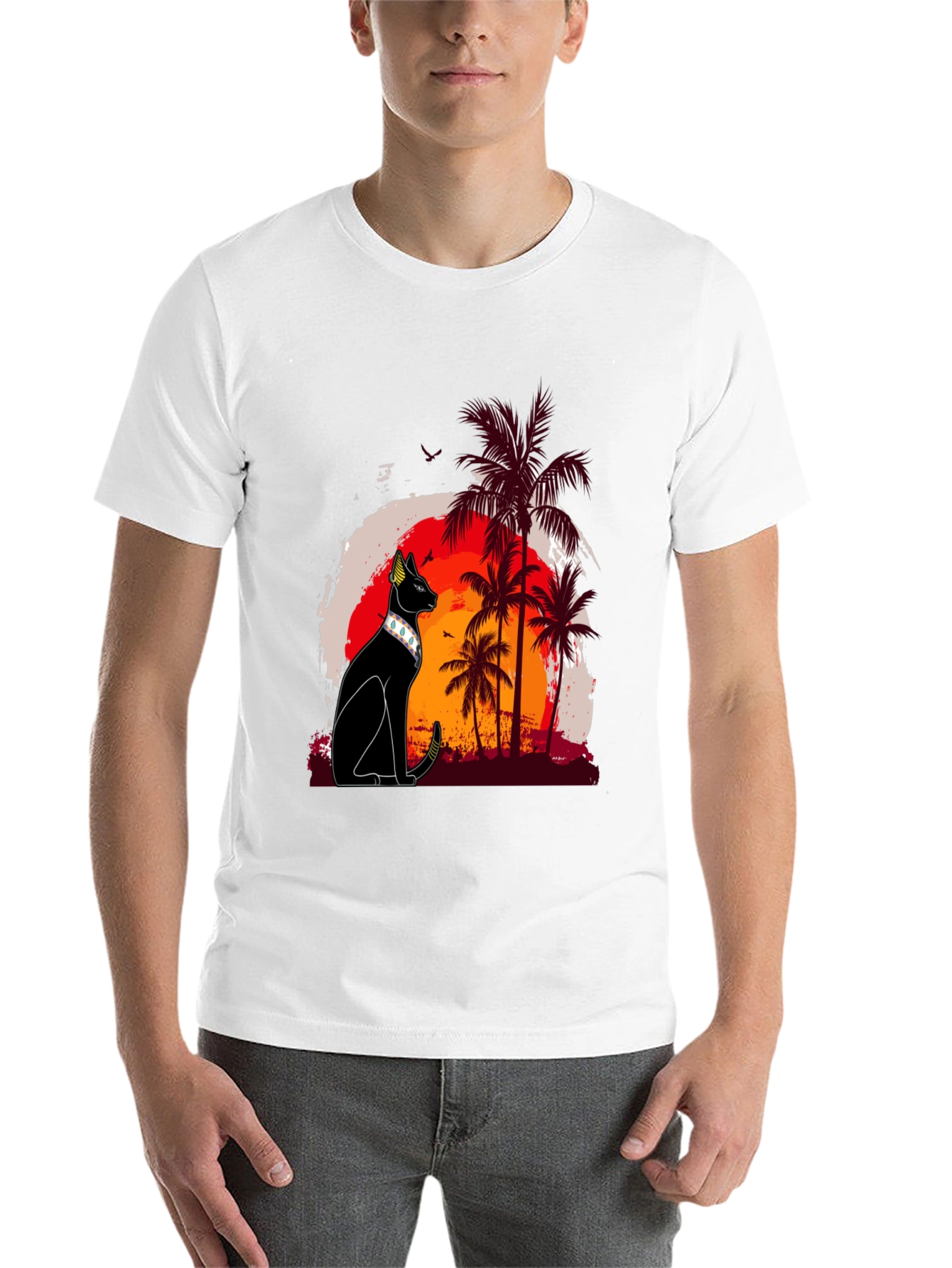Black Egyptian Cat Palm Sunset Graphic Tee view 14