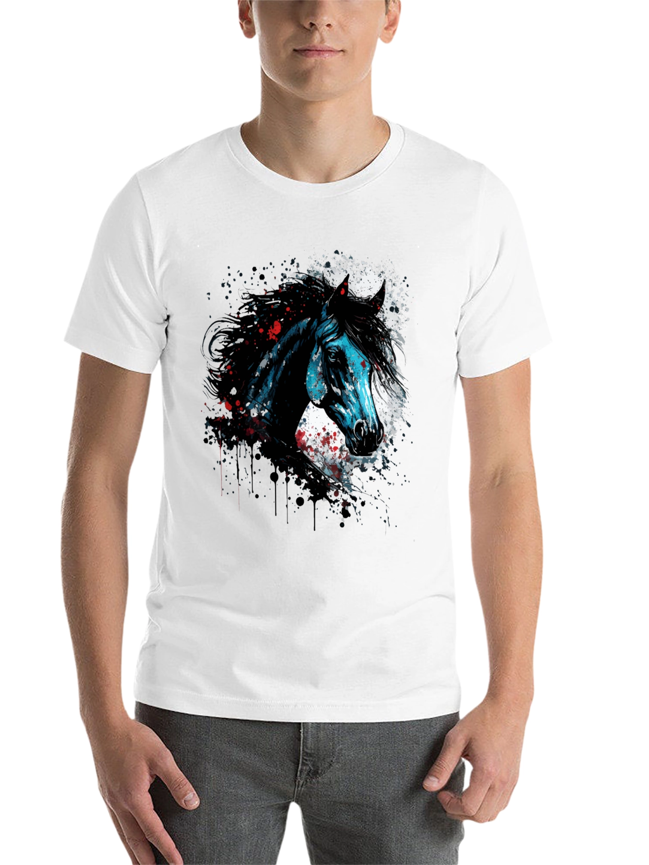 Black Horse Graphic Print T-Shirt, Men's Black Tee view 14