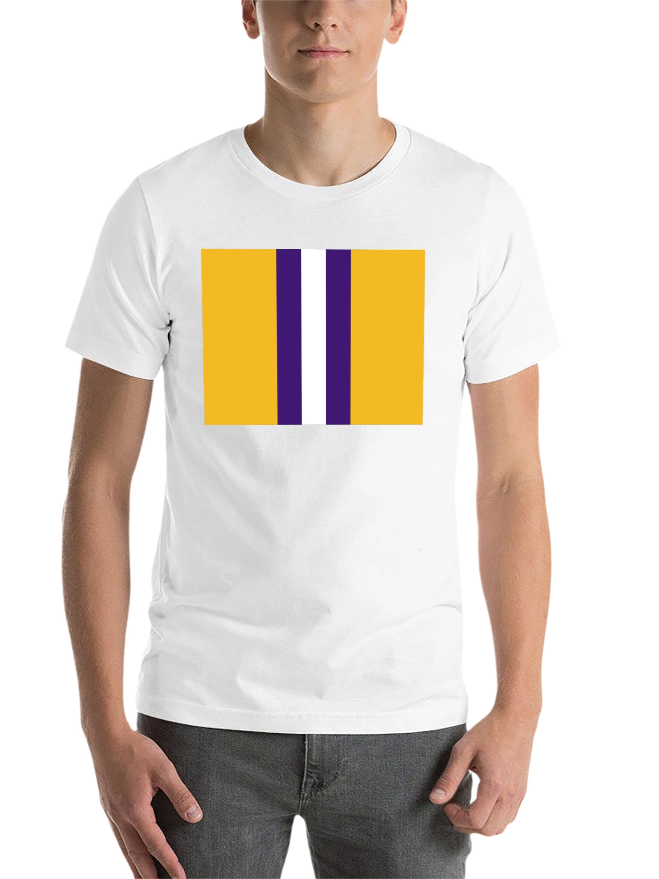 Black Striped Graphic T-Shirt - Gold, Purple, and White Design view 14