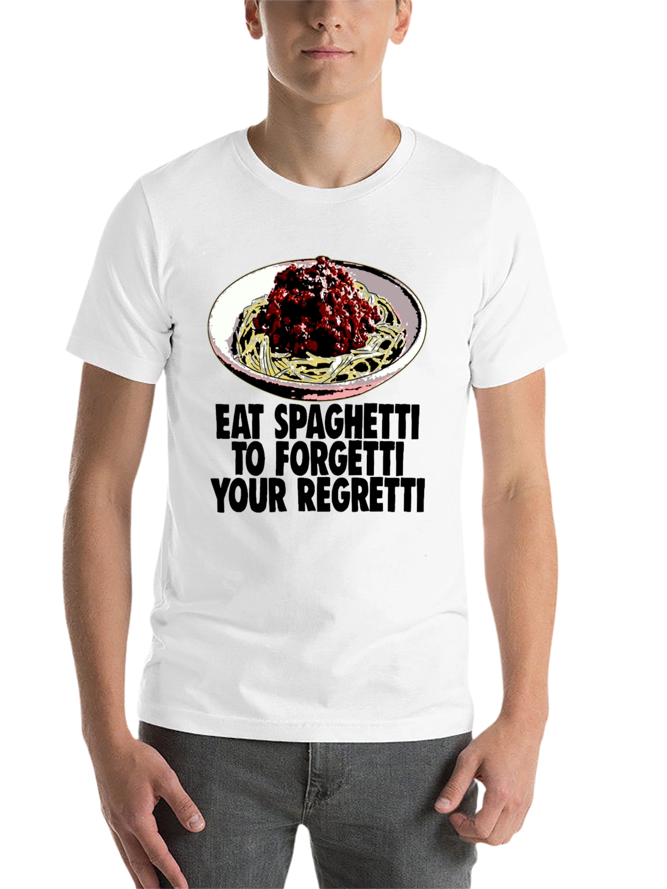 Black Eat Spaghetti T-Shirt: Forget Your Regretti Fun Tee view 14