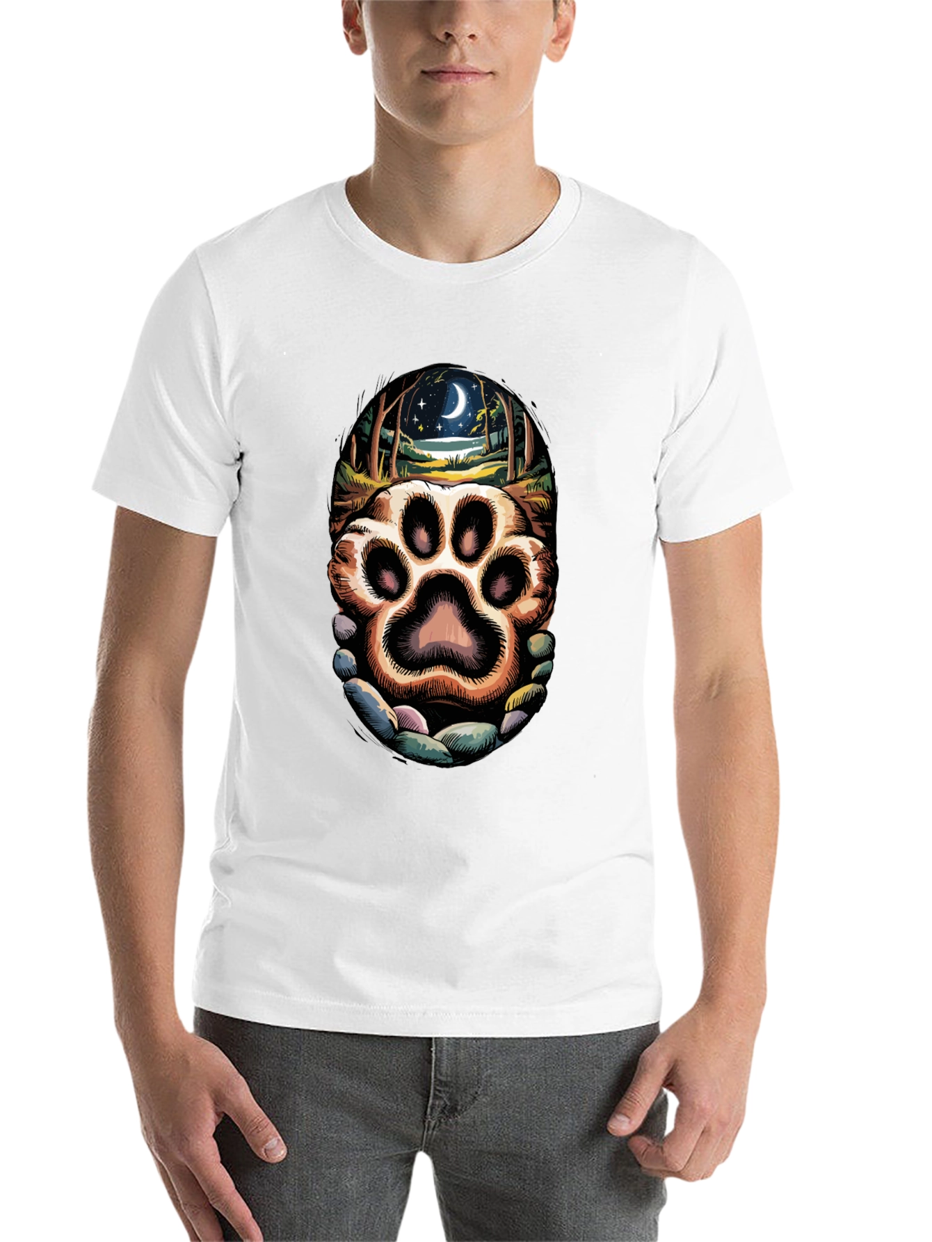 Black Paw Print Moonlit Forest Graphic Tee view 14