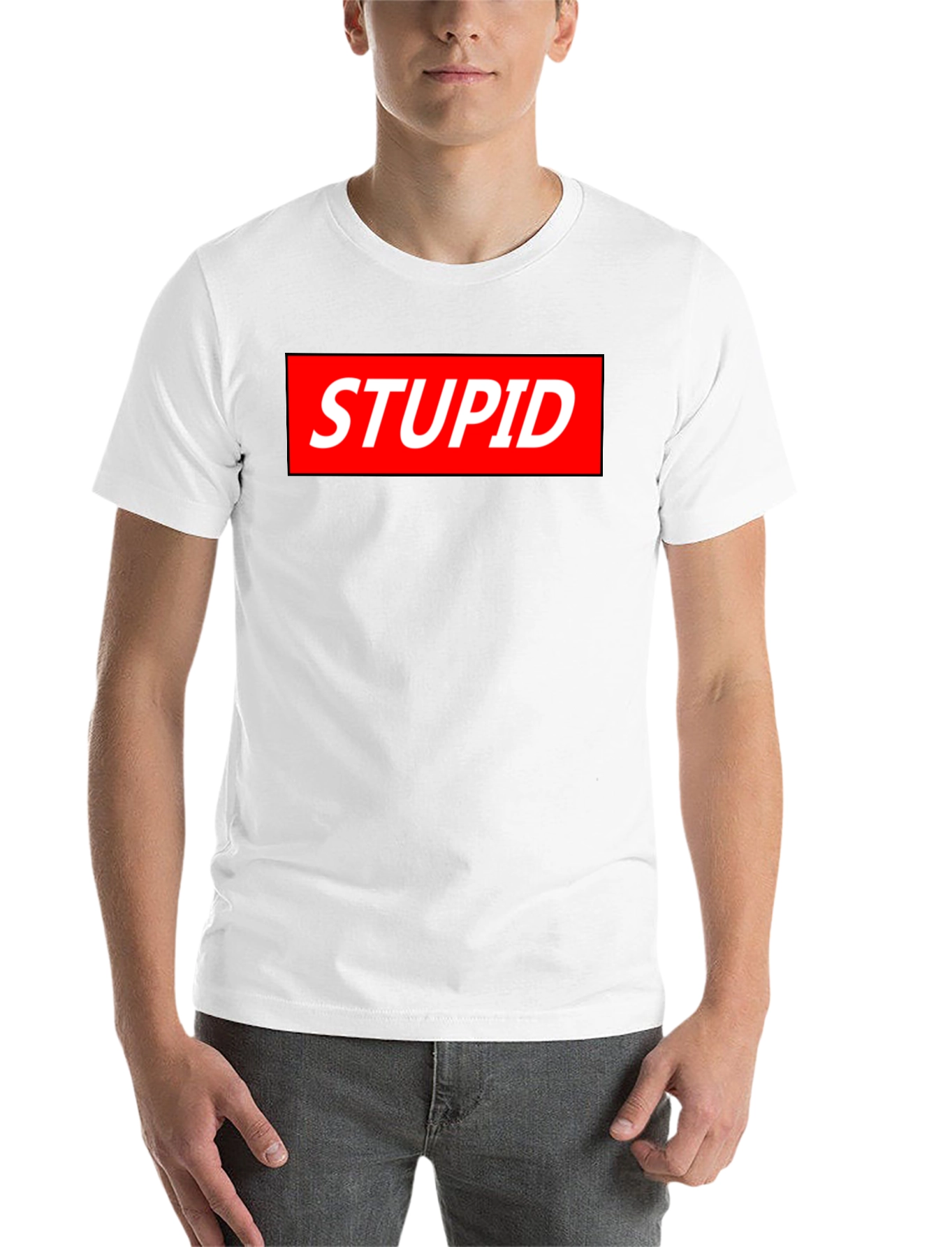 Black Statement Tee: Stupid Red Box Logo - Bold Black Shirt view 14